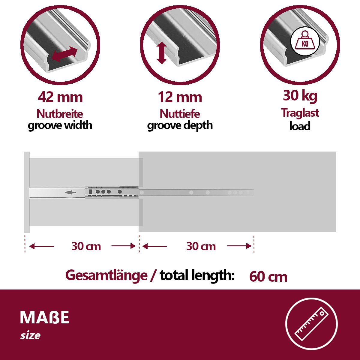 HOOZ Auszug Schubladenführung Vollauszug 30 - 60 cm (2er Set, 2 St., 1 Paar), 2er Set