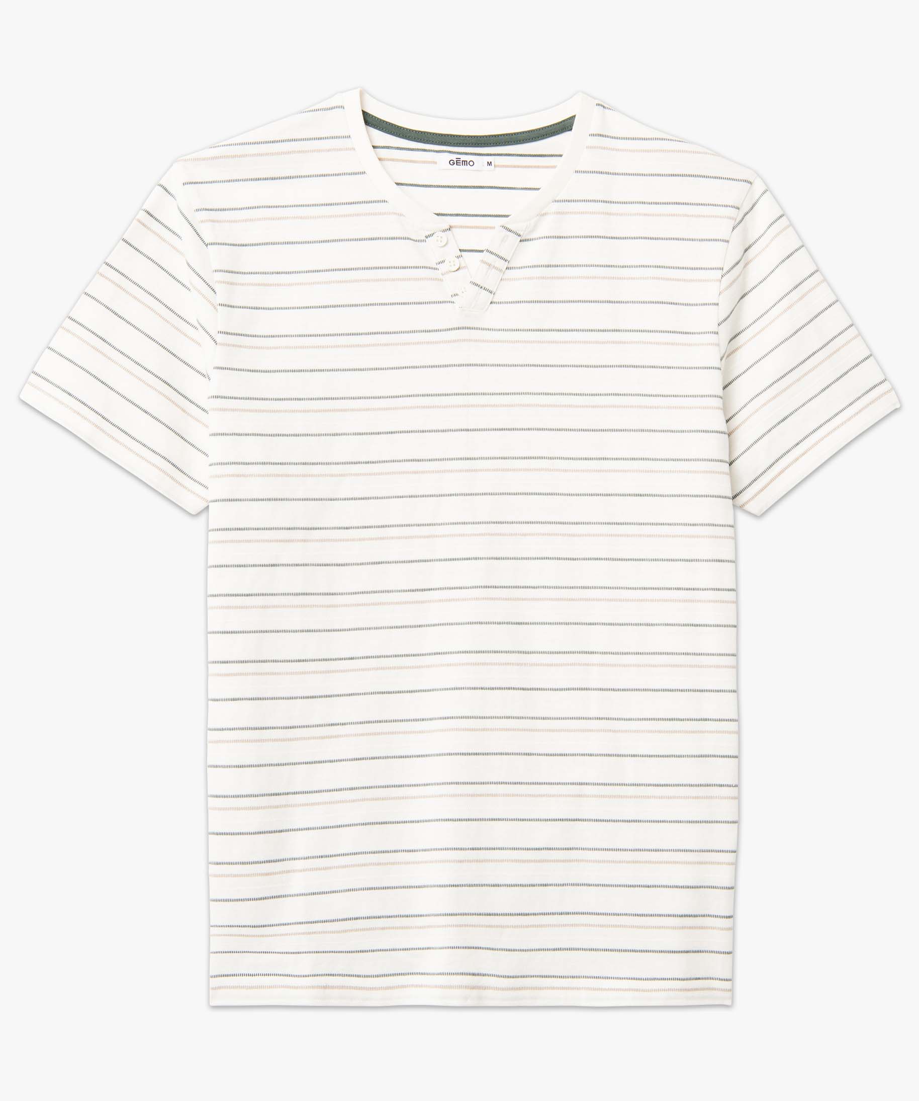 Tee-shirt homme à manches courtes, rayures et col fantaisie ecru | GEMO