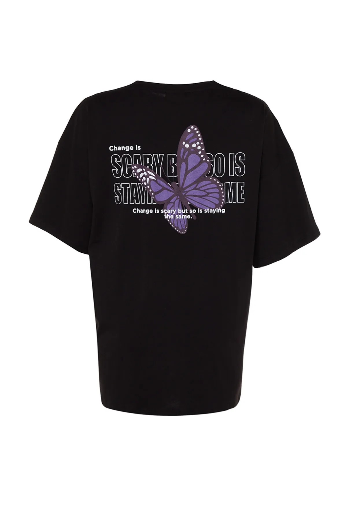Trendyol Collection  Schwarzes Strick-T-Shirt mit Schmetterlingsdruck aus 100 % Baumwolle auf der Vorder- und Rückseite mit übergroßem/breitem Muster TWOSS23TS00188