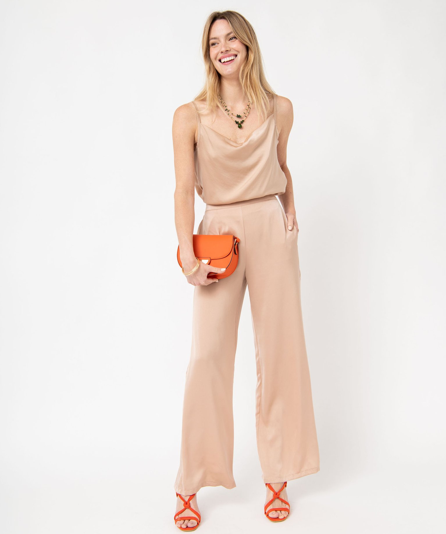 Débardeur en satin à col bénitier femme beige | GEMO