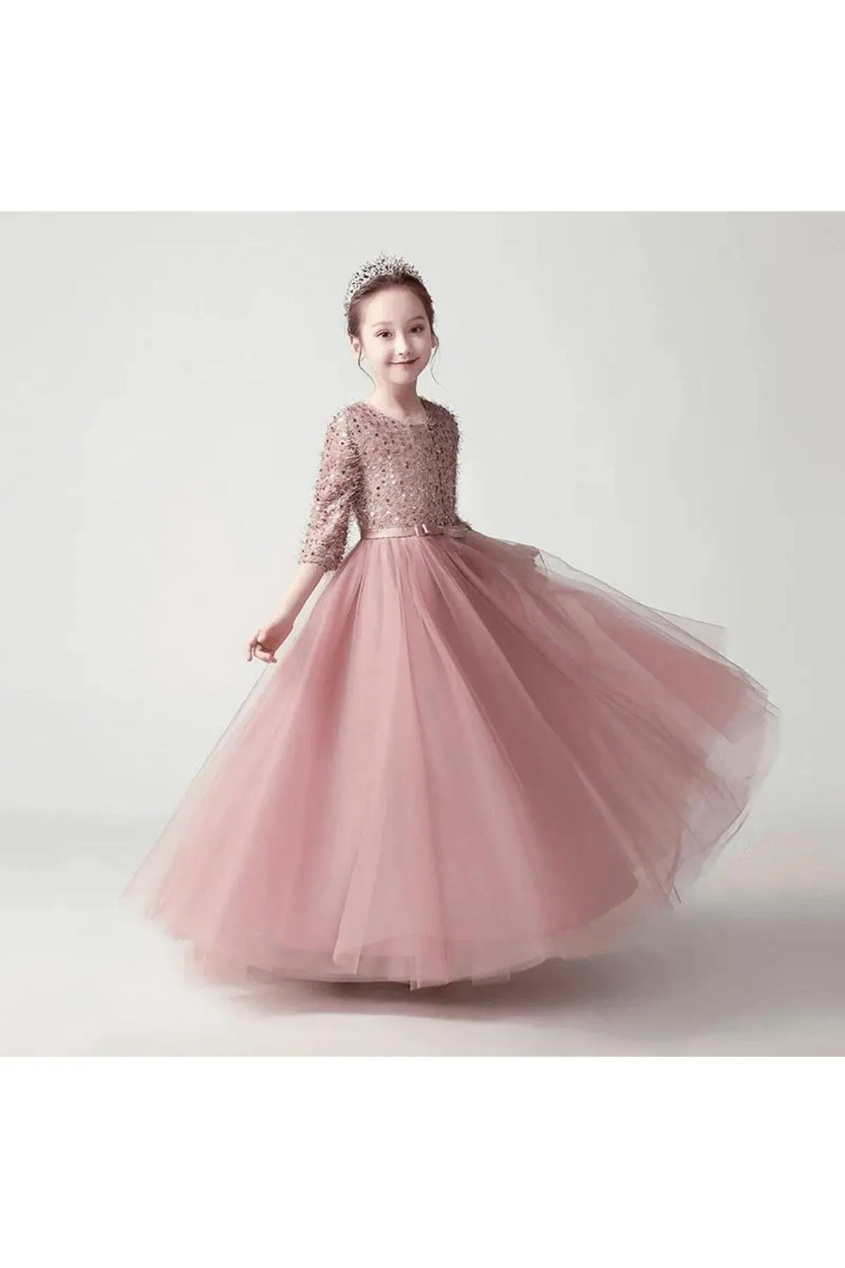 Mashotrend  Bled Abendkleid für Mädchen mit Pailletten und Fransen – Tarlatan Kinder-Abendkleid Langarm-Abendkleid für Mädchen