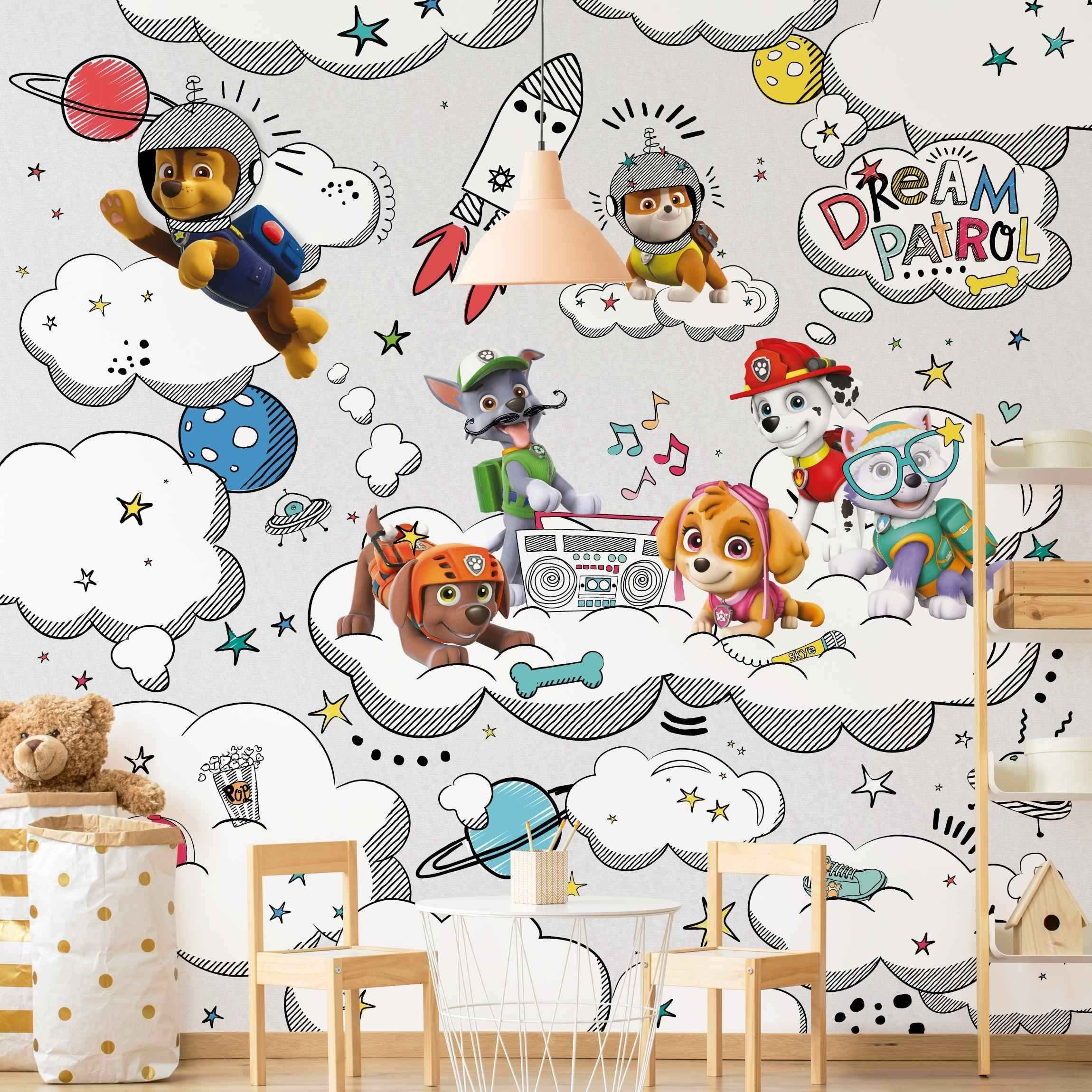 Bilderdepot24 Kindertapete Kinderzimmer PAW Patrol Weltall Rakete Hunde Kinder Wanddeko Wolken, Glatt, Matt, (Inklusive Gratis-Kleister oder selbstklebend), Mädchenzimmer Jungenzimmer Babyzimmer Bildtapete Fototapete Wandtapete