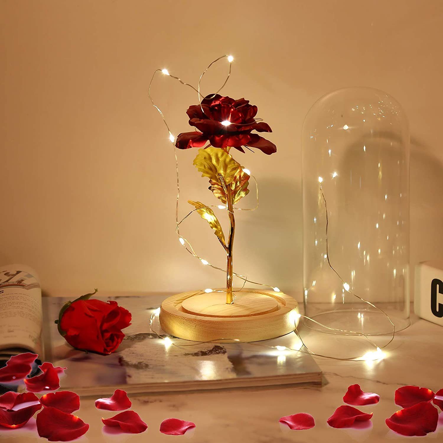 Kunstblume Geschenke für Frauen, Ewige Rose im Glas mit LED-Licht, AKKEE, Höhe 21 cm, für Frauen/Mama,Valentinstag Muttertag Geburtstag Weihnachten