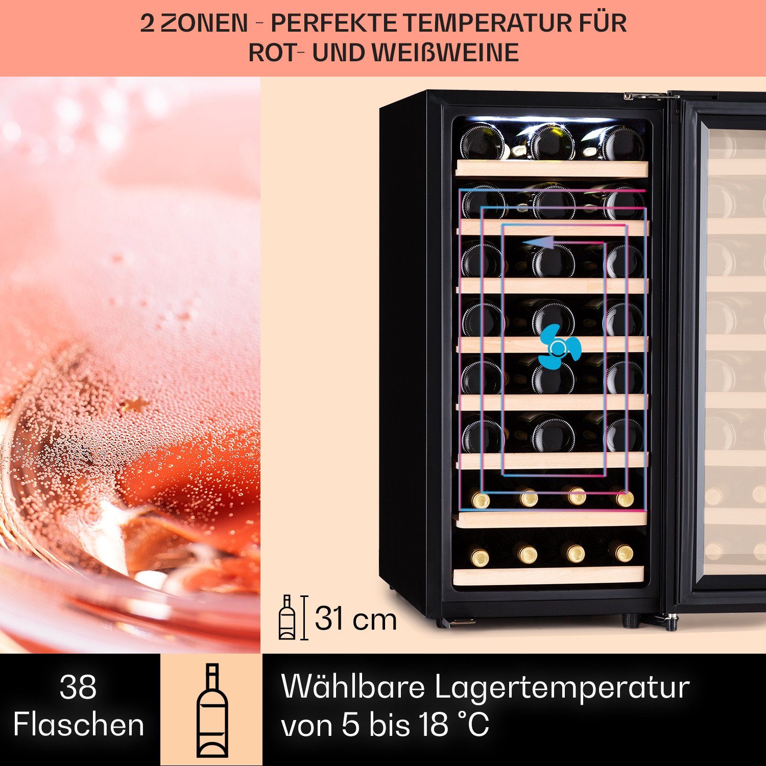 Klarstein Weinkühlschrank Barossa 38 Uno, für 38 Standardflaschen á 0,75l,Wein Flaschenkühlschrank Weintemperierschrank Weinschrank Kühlschrank