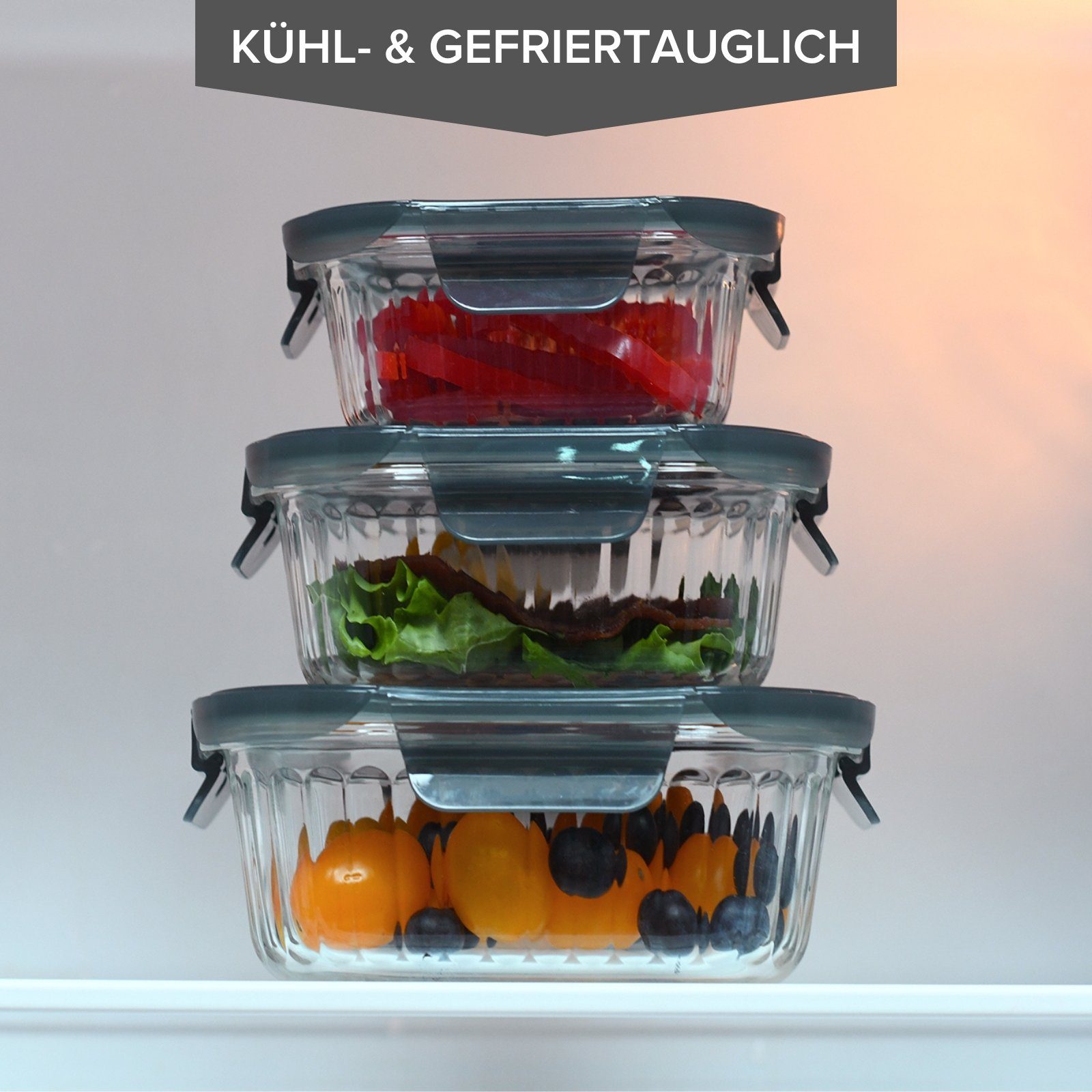 PIE LOCK Vorratsdose Vorratsdosen Glas mit Deckel - Frischhaltedosenset, Borosilikatglas, (PIE LOCK, 3 tlg. quadratisch, Vorratsdosen-Set, Borosilikatglas, Mikrowellendeckel, 320ml, 520ml, 800ml, stapelbar, Frischhaltedose, Brotdose, Meal Prep, 6-tlg