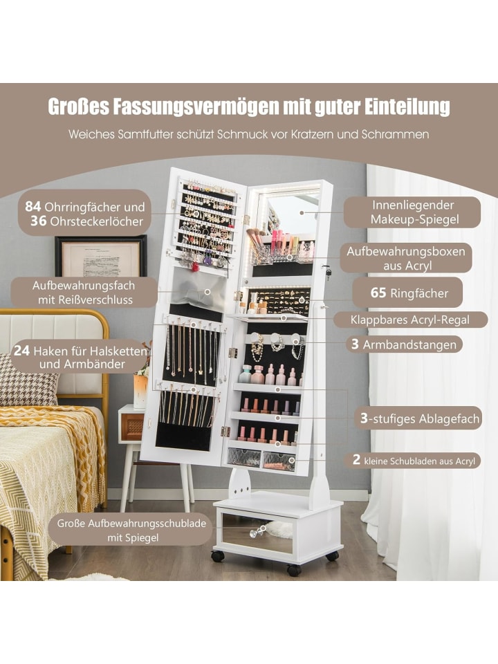 COSTWAY Schmuckschrank LED mit Rollen 159cm in Weiß günstig kaufen onesize