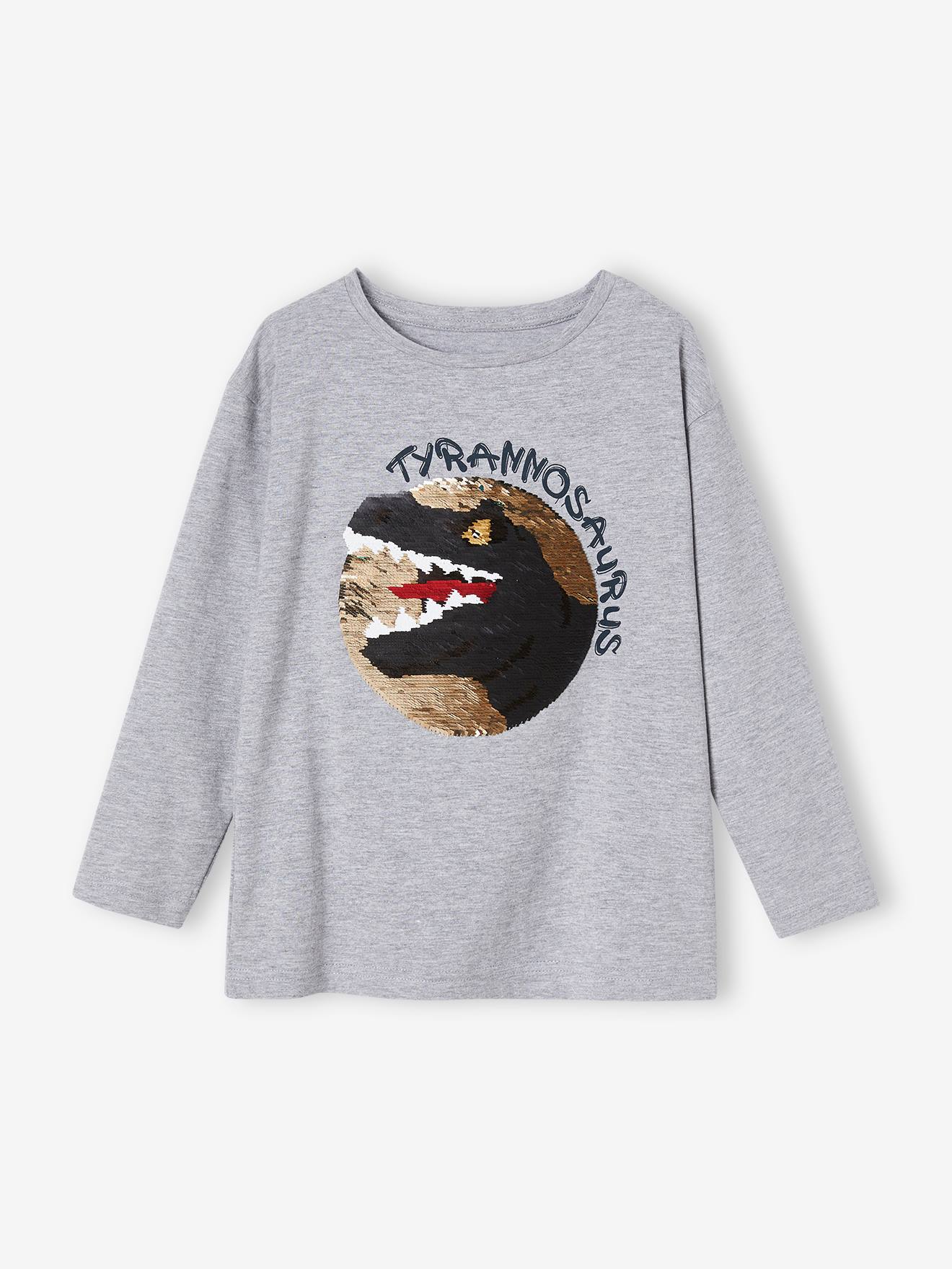 Vertbaudet Jungen Shirt mit Wendepailletten - grau/dino tyrannosaurus