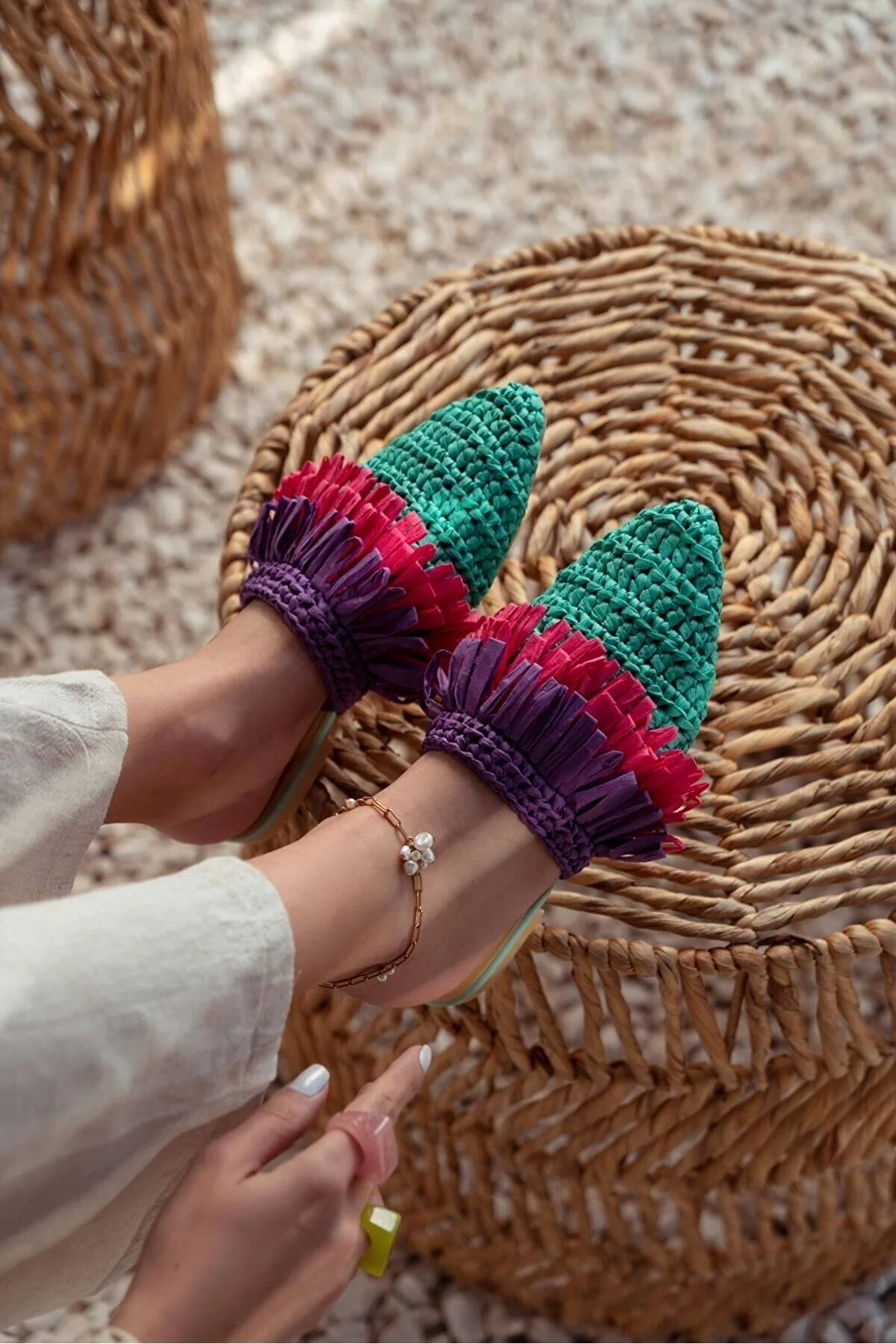 NİŞANTAŞI SHOES  Viana Green gestrickte lila fuchsiafarbene Damen-Hausschuhe mit Quasten