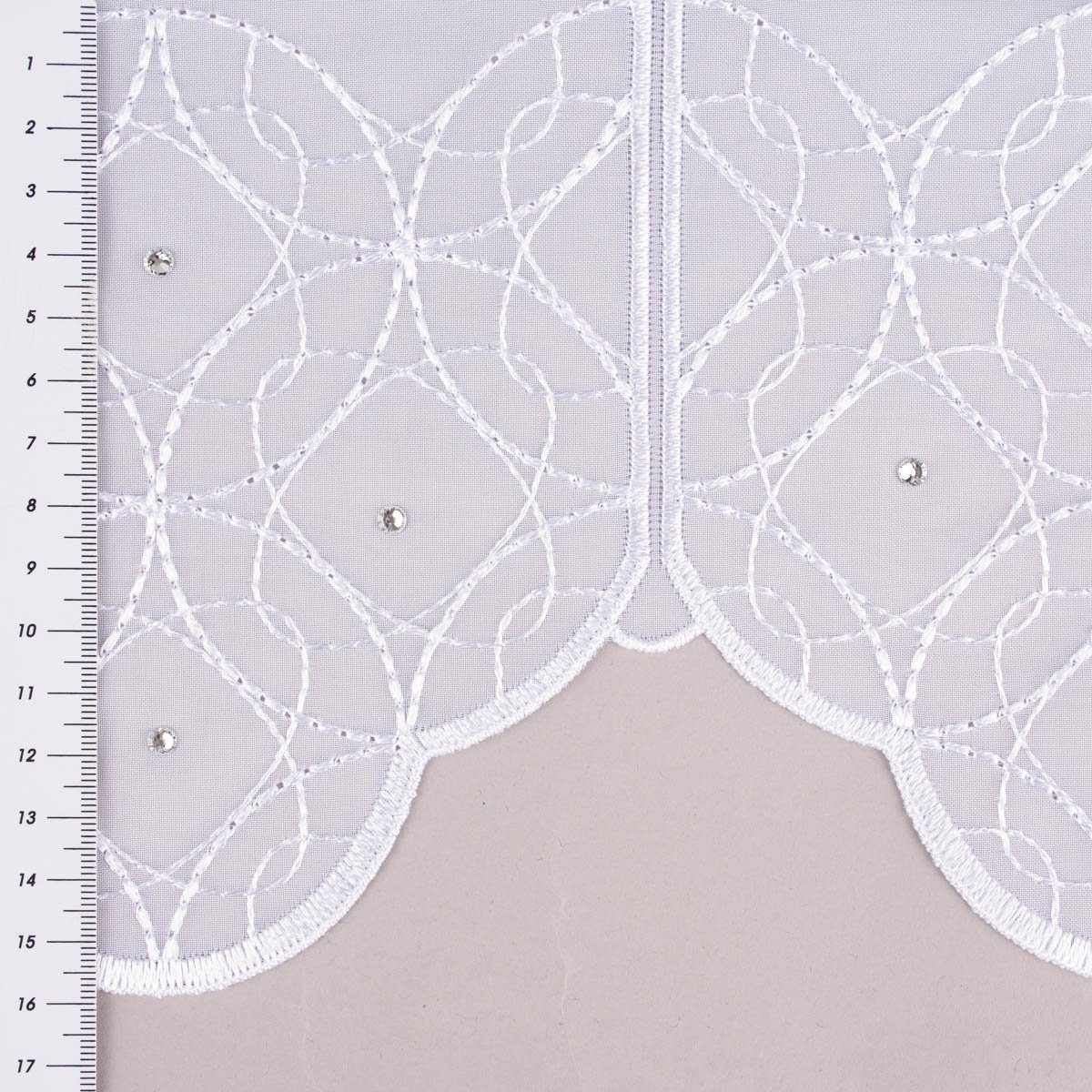 Meterware Scheibengardine nähfrei Stickerei Glitzersteweiß 45cm, SCHÖNER LEBEN., leicht perforiert, Stickerei/Stickstoff, bestickt
