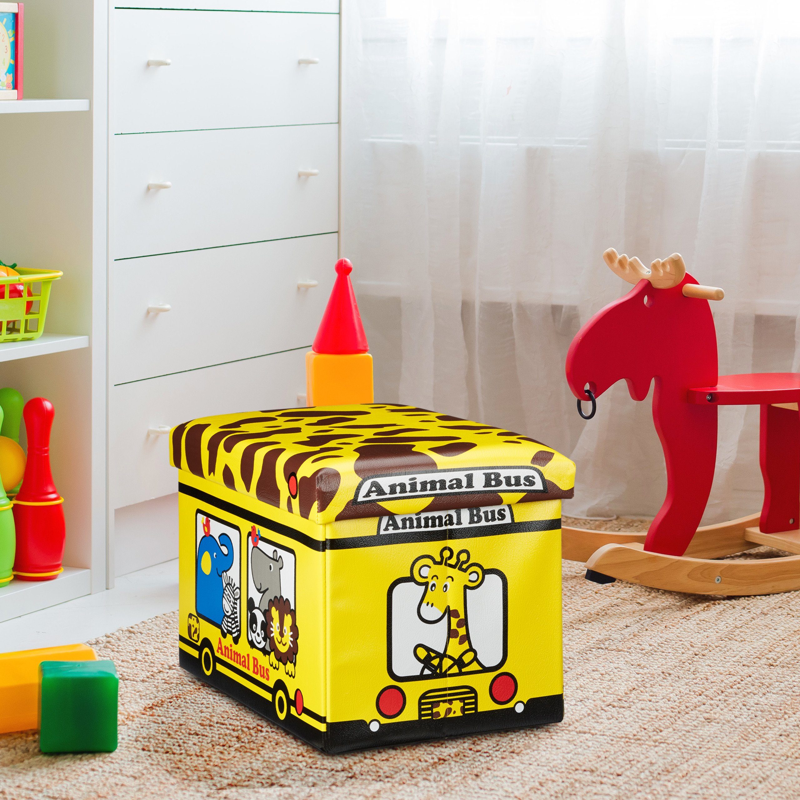 relaxdays Spielzeugtruhe Faltbare Spielzeugkiste mit Stauraum, Animal Bus