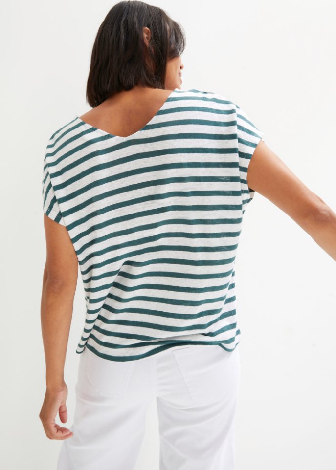 Leinen-Shirt mit Fledermausärmeln und V-Ausschnitt