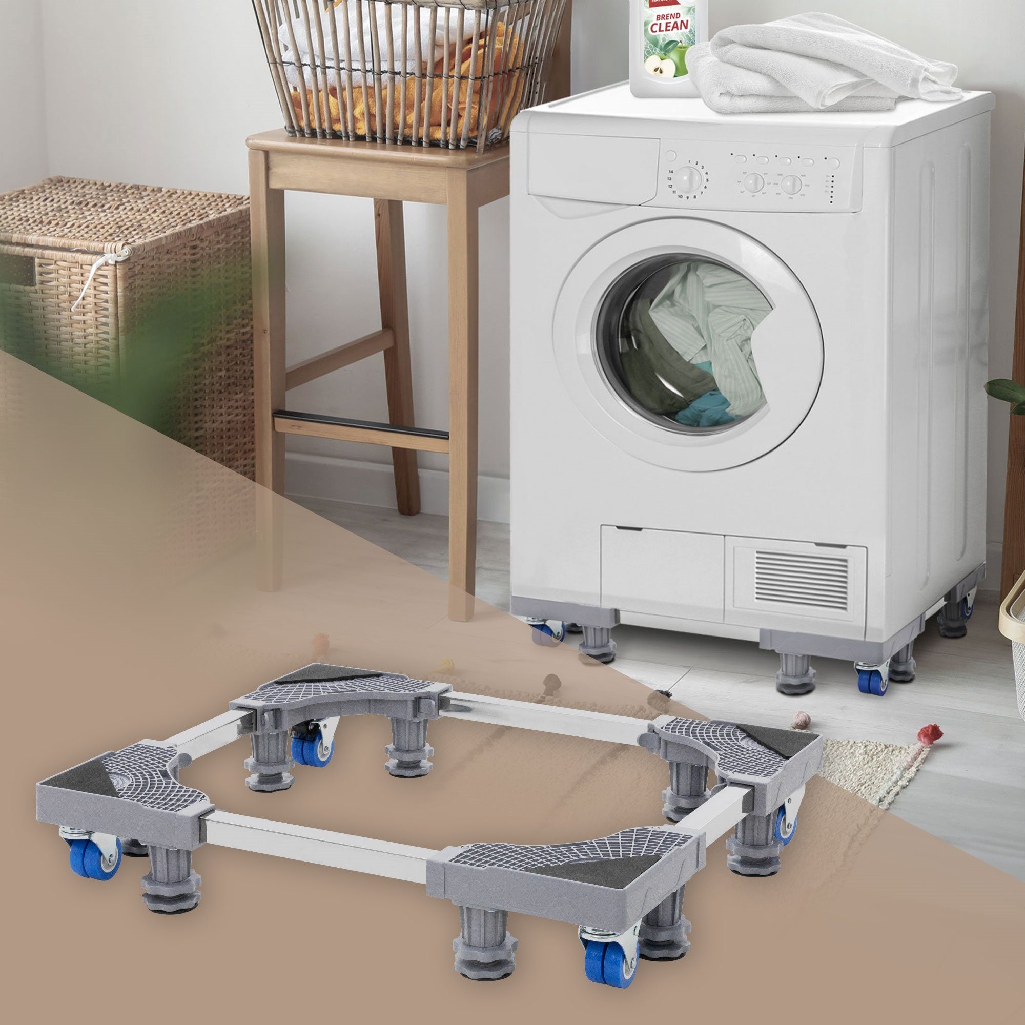 ECD Germany Waschmaschinenuntergestell Waschmaschinen Untergestell Podest rutschfest für Kühlschrank&Trockner, beweglich mit 8 Füßen 4 Räder verstellbar Breite 43-66cm Höhe 10-13cm