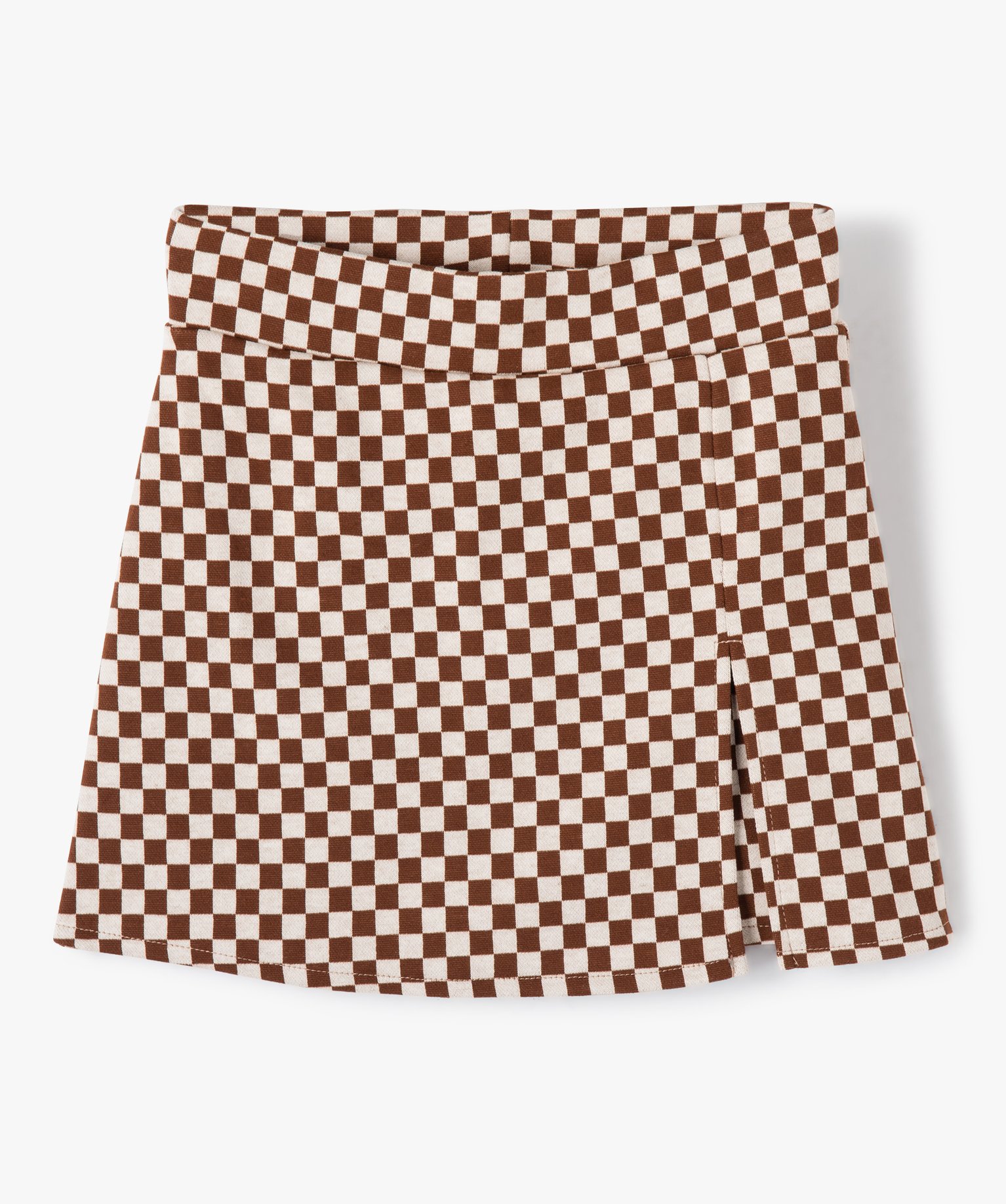 Jupe-short fille courte en maille à carreaux marron | GEMO