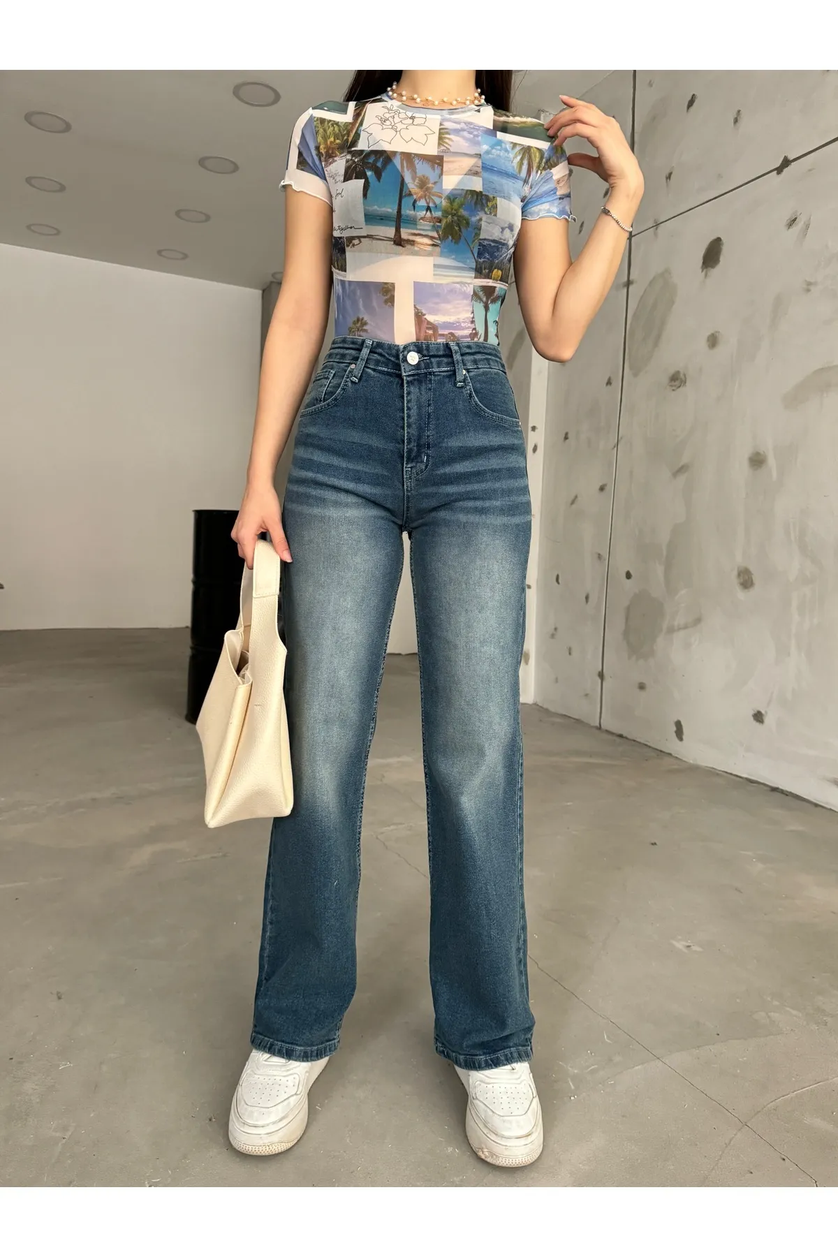 BİKELİFE  Damen-Palazzo-Jeans aus dunkelblauem, blassem Lycra mit hoher Taille und weitem Bein, lockere Passform