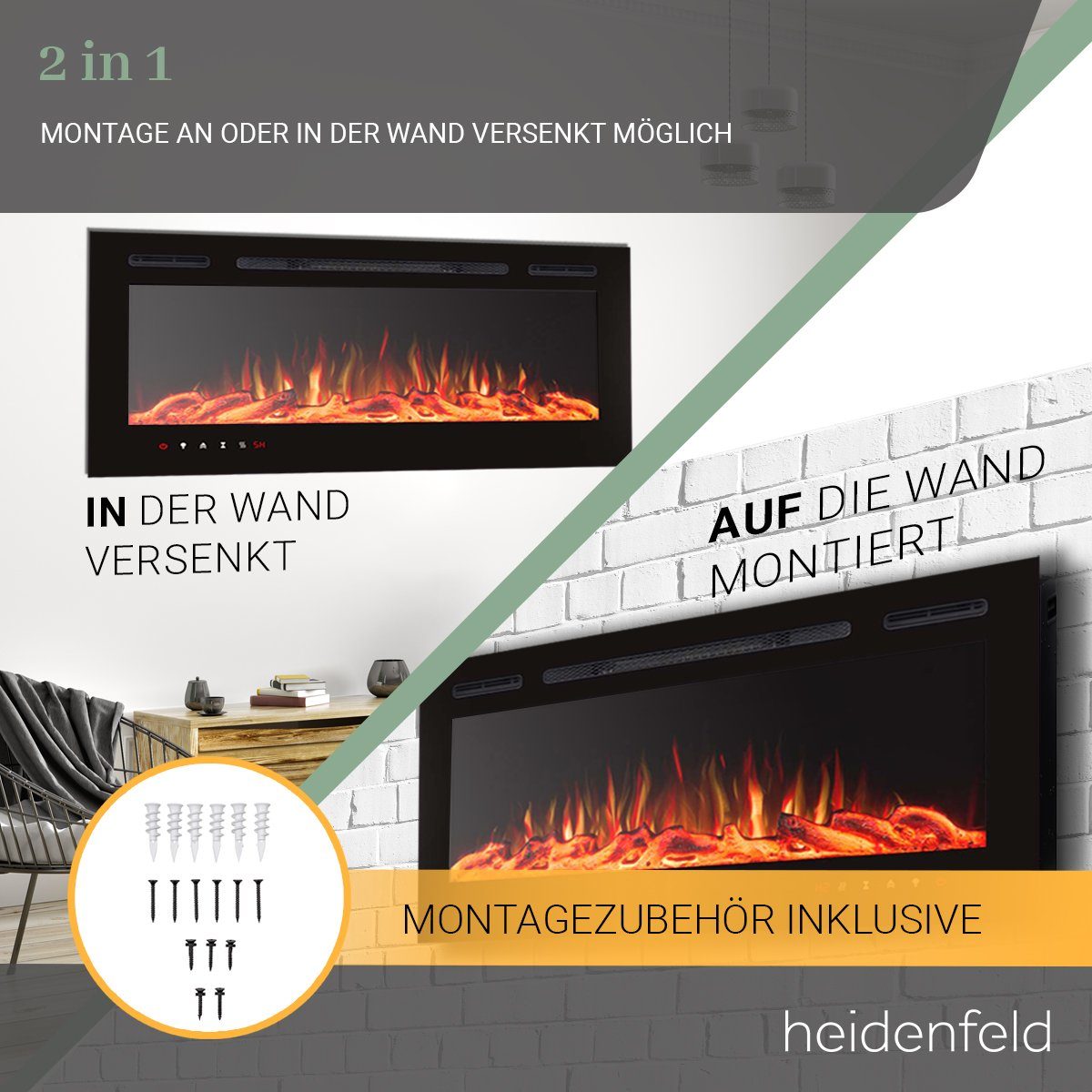 Heidenfeld Elektrokamin Kamin Heizung Wandkamin HF-WK200 750/1500 Watt inkl. 3 Jahre Garantie, 3D Flammen - 10 wählbare LED Farben - Fernbedienung - Elektroheizung