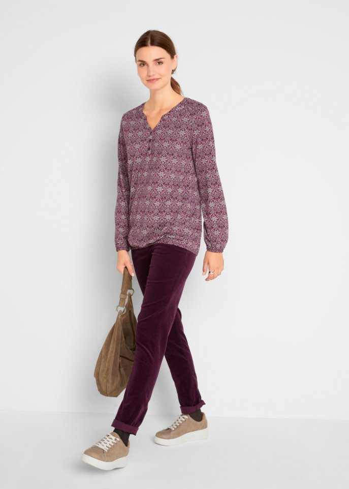 Bedrucktes Langarmshirt mit Henley-Kragen