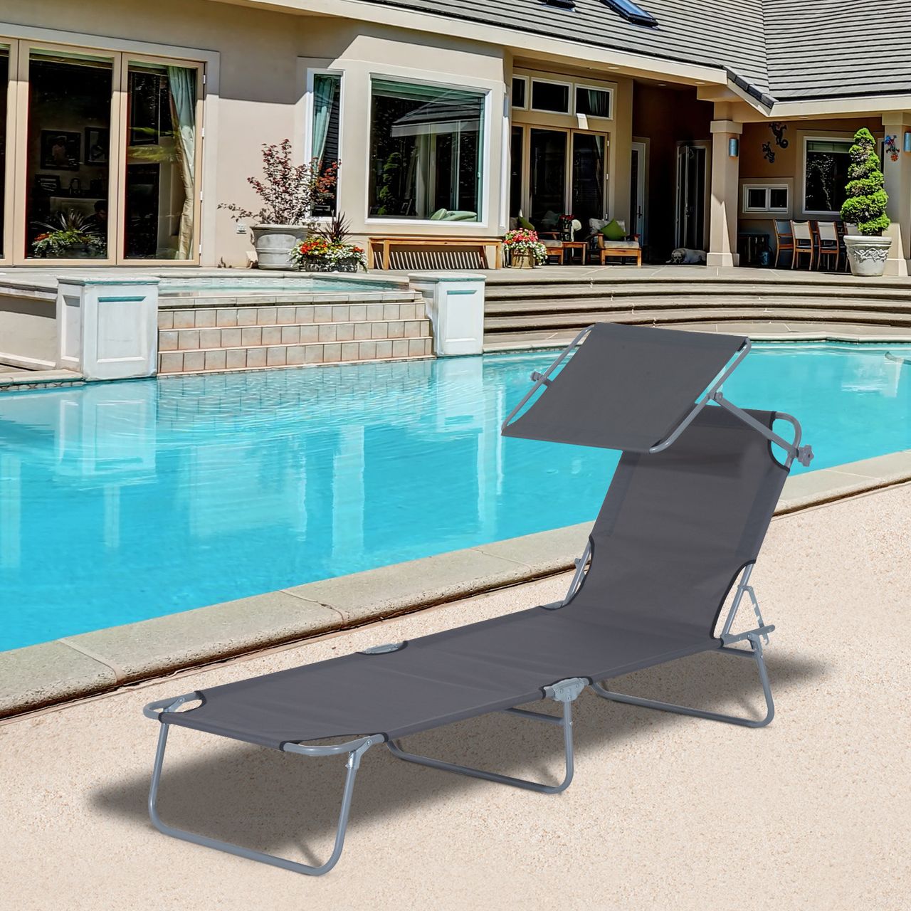 Outsunny Sonnenliege Gartenliege Wellnessliege Strandliege klappbar mit Sonnenschutz (Grau)