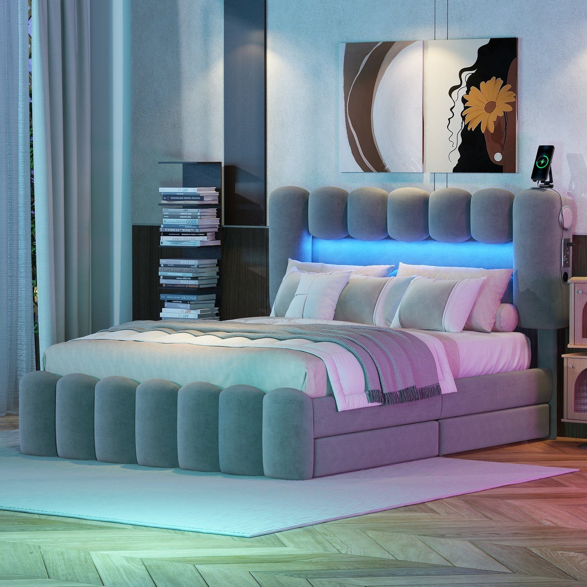 HAUSS SPLOE Polsterbett Polsterbett Funktionsbett Bettrahmen KInderbett Doppelbett (mit 4 Schubladen und LED-Lichtleiste, Jugendbett mit USB und Stereoanlage), 140*200 cm, Grau