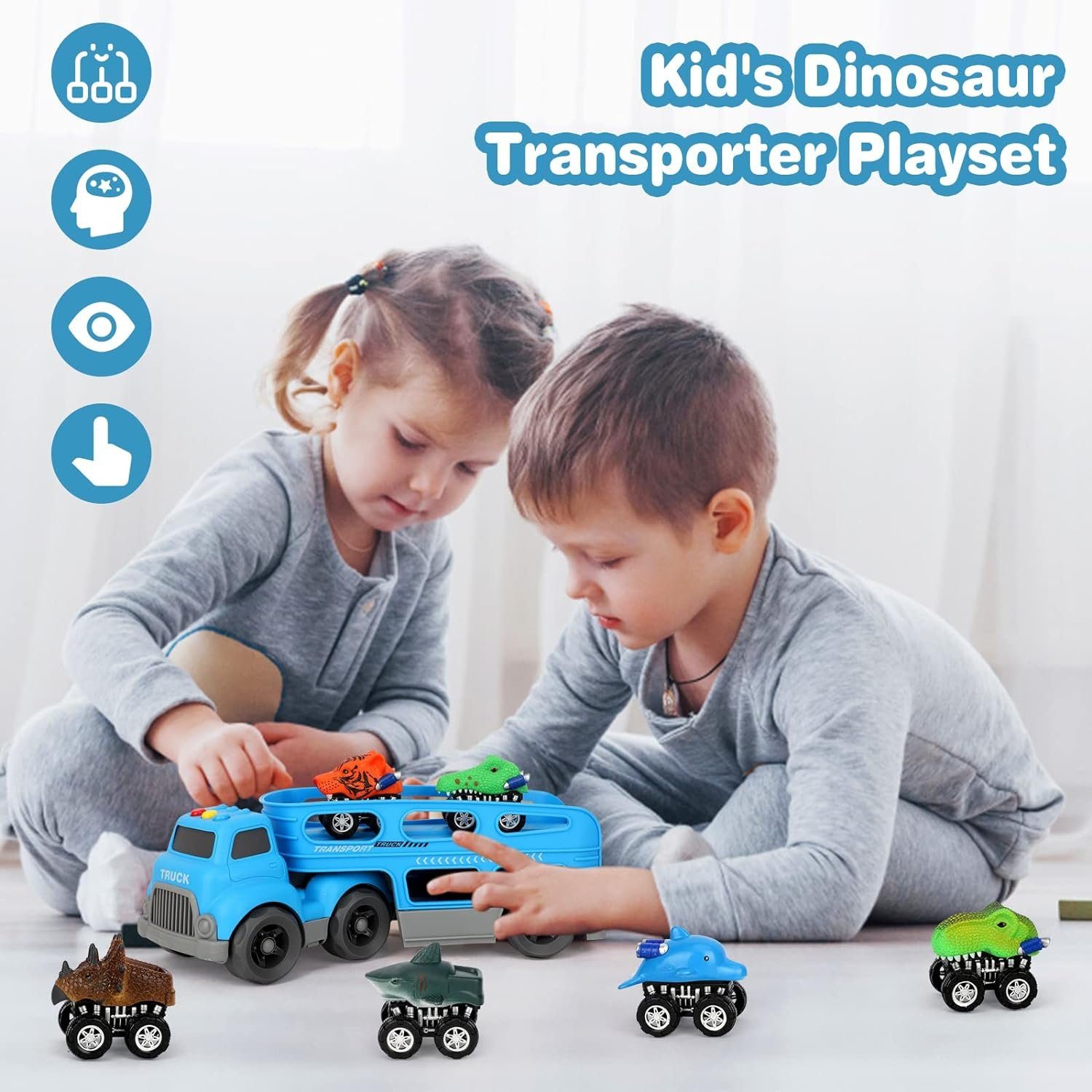 Wenta Spielzeug-LKW Kinder Spielzeugauto-Set mit Musik & Licht, (7-tlg., Spielzeug LKW mit 6 Dinosaurier Autos), Transportwagen Spielzeug für Kinder von 3-5 Jahren