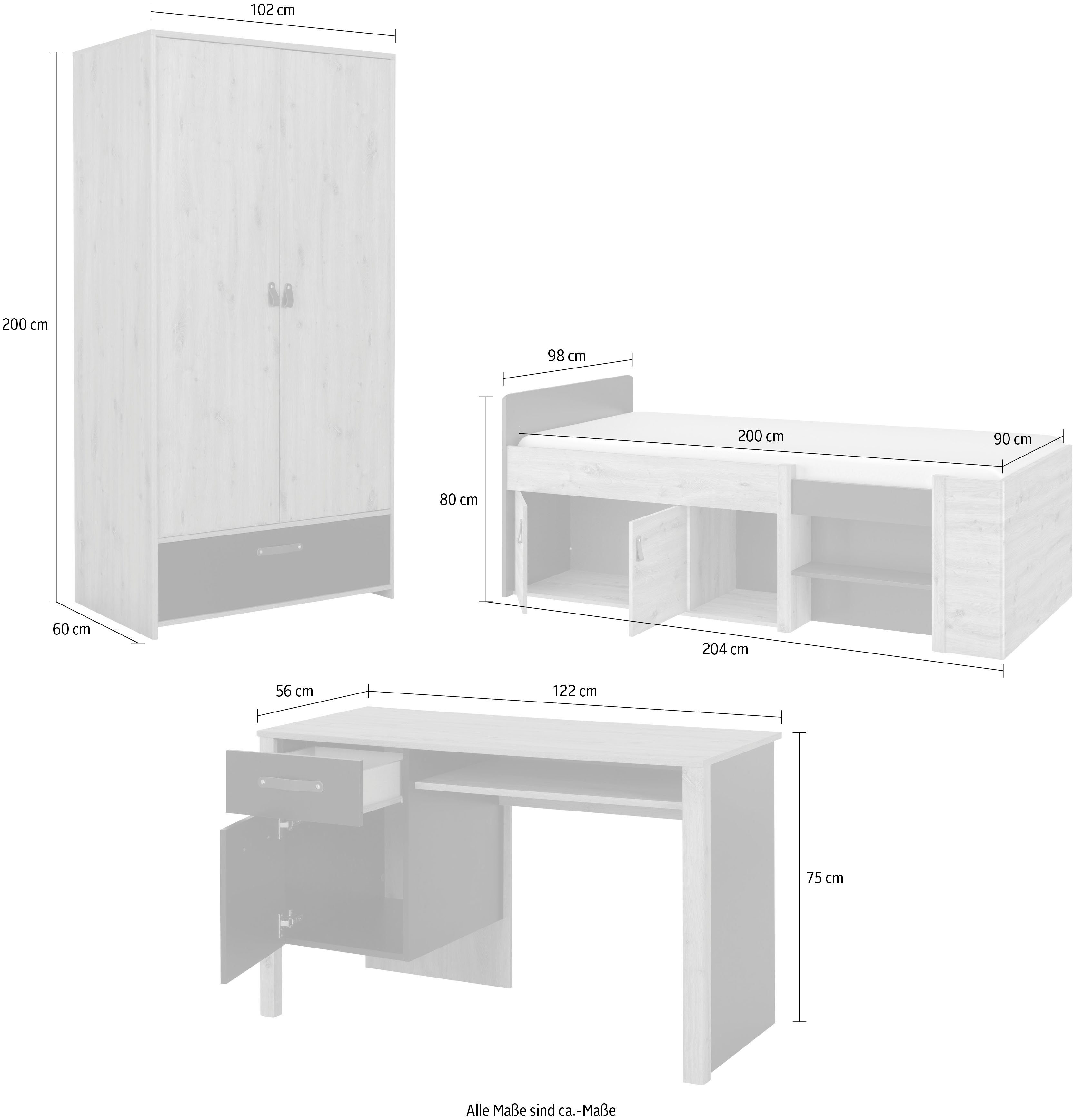 Gami Jugendzimmer-Set Arthus, (3-St., Funktionsbett, Kleiderschrank, Schreibtisch)