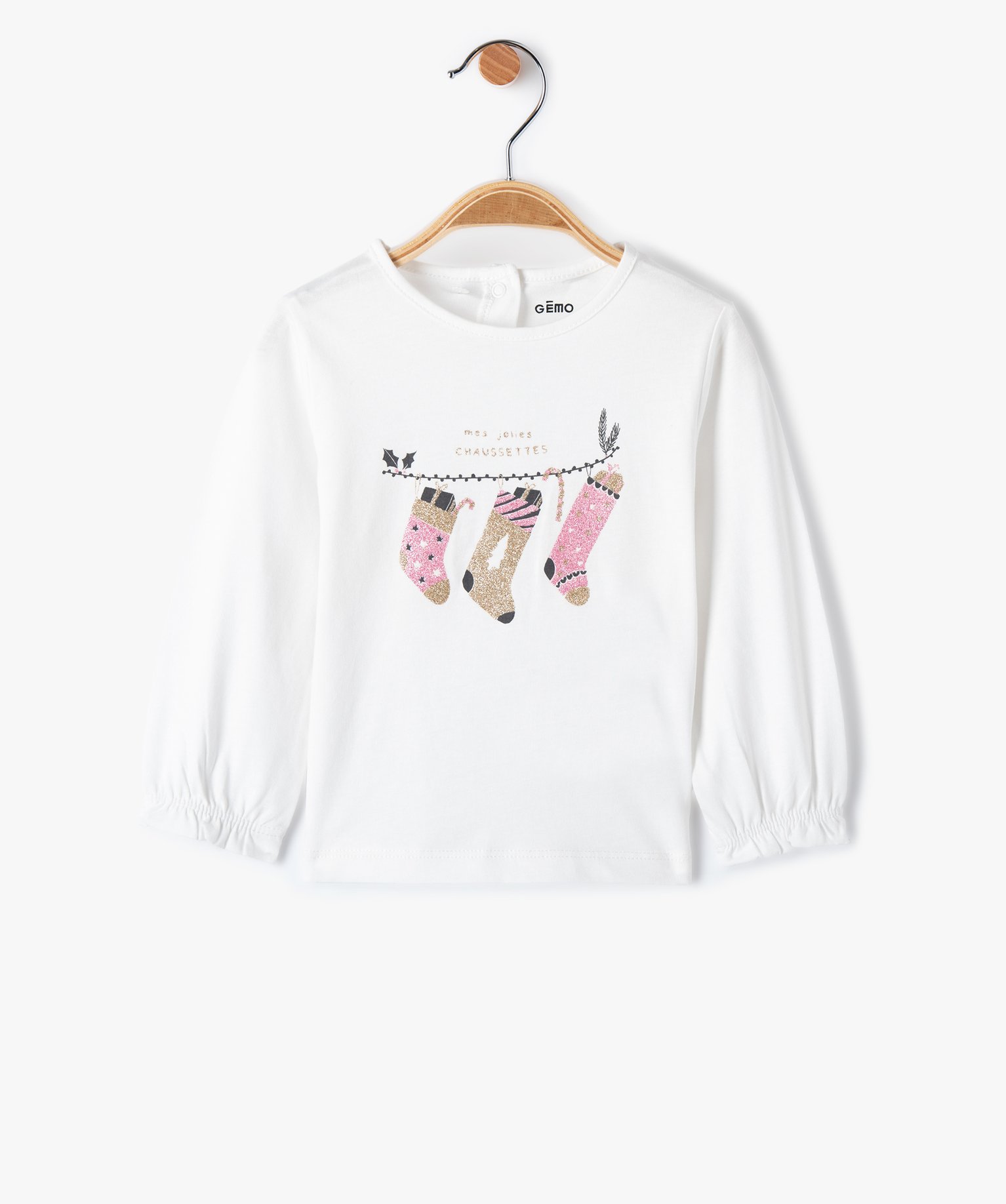 Tee-shirt bébé fille à manches longues volantées et moti... ecru | GEMO