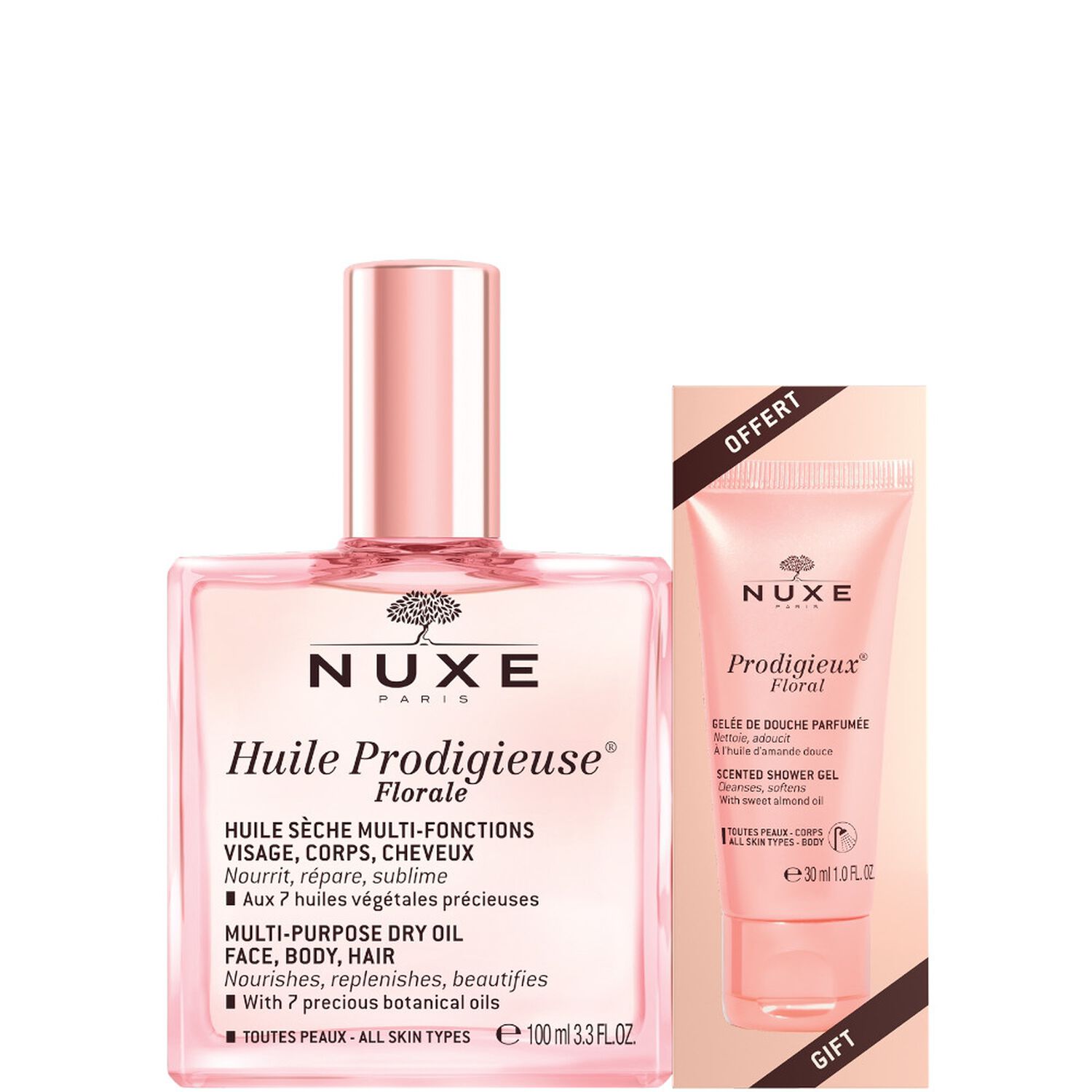 Nuxe Huile Prodigieuse Floral Huile Sèche Multi-Fonctions 100 ml + Gelée de Douche Parfumée 30 ml