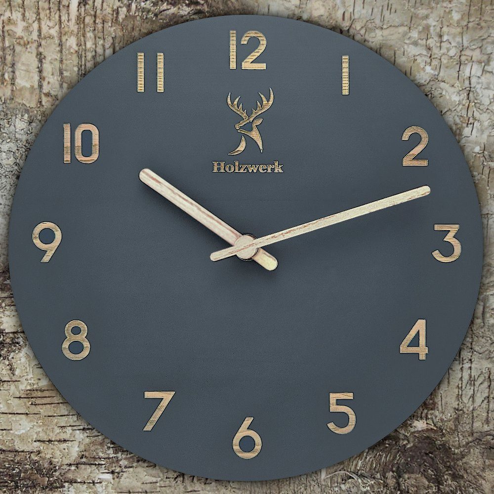 Holzwerk Wanduhr BAMBERG aus robustem Holz in grau, beige