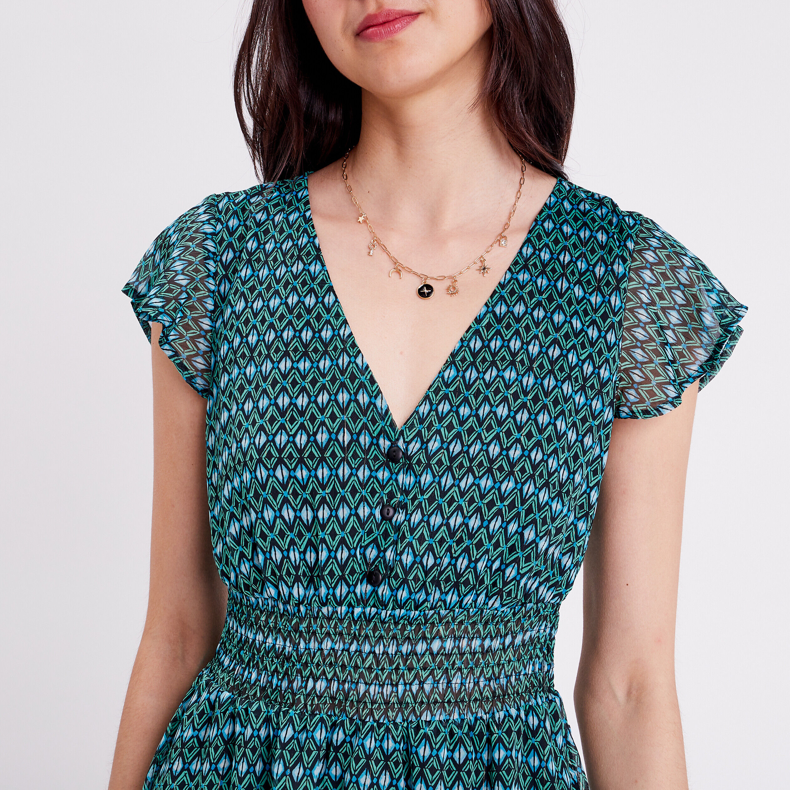 Robe évasée manches courtes bleu femme | Cache Cache