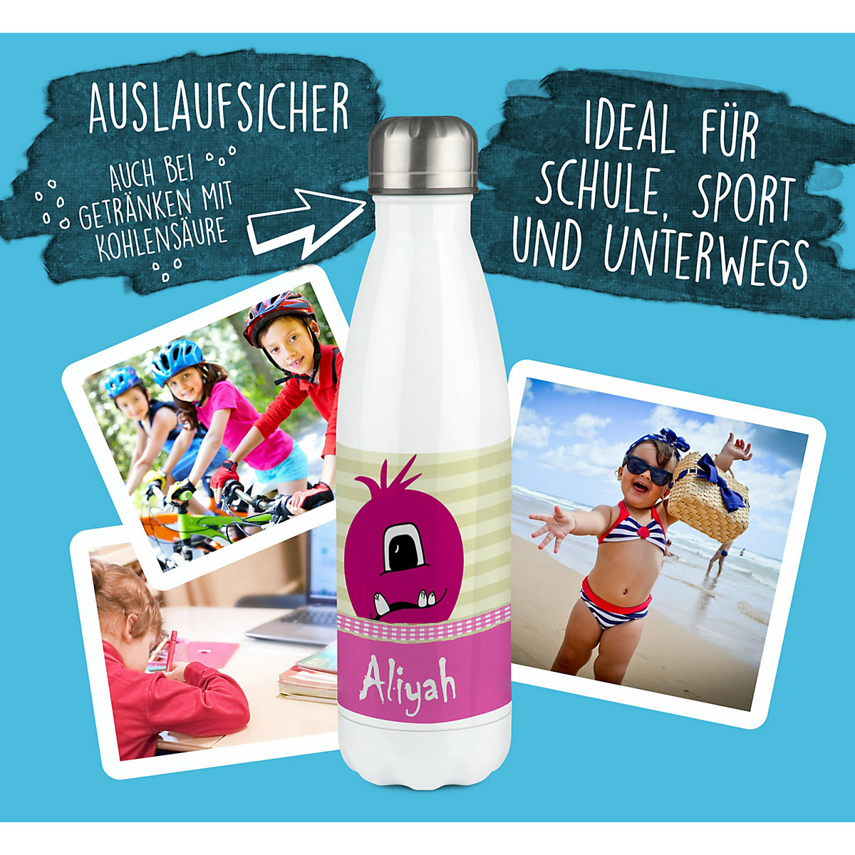 Edelstahl Kinder Thermoflasche / Trinkflasche bunt Monster Karo Farbe rosa Spülmaschinenfest, Auslaufsicher, Bruchfest, Doppelwandig, Für Heißgetränke geeignet, Mit Deckel, Isoliert