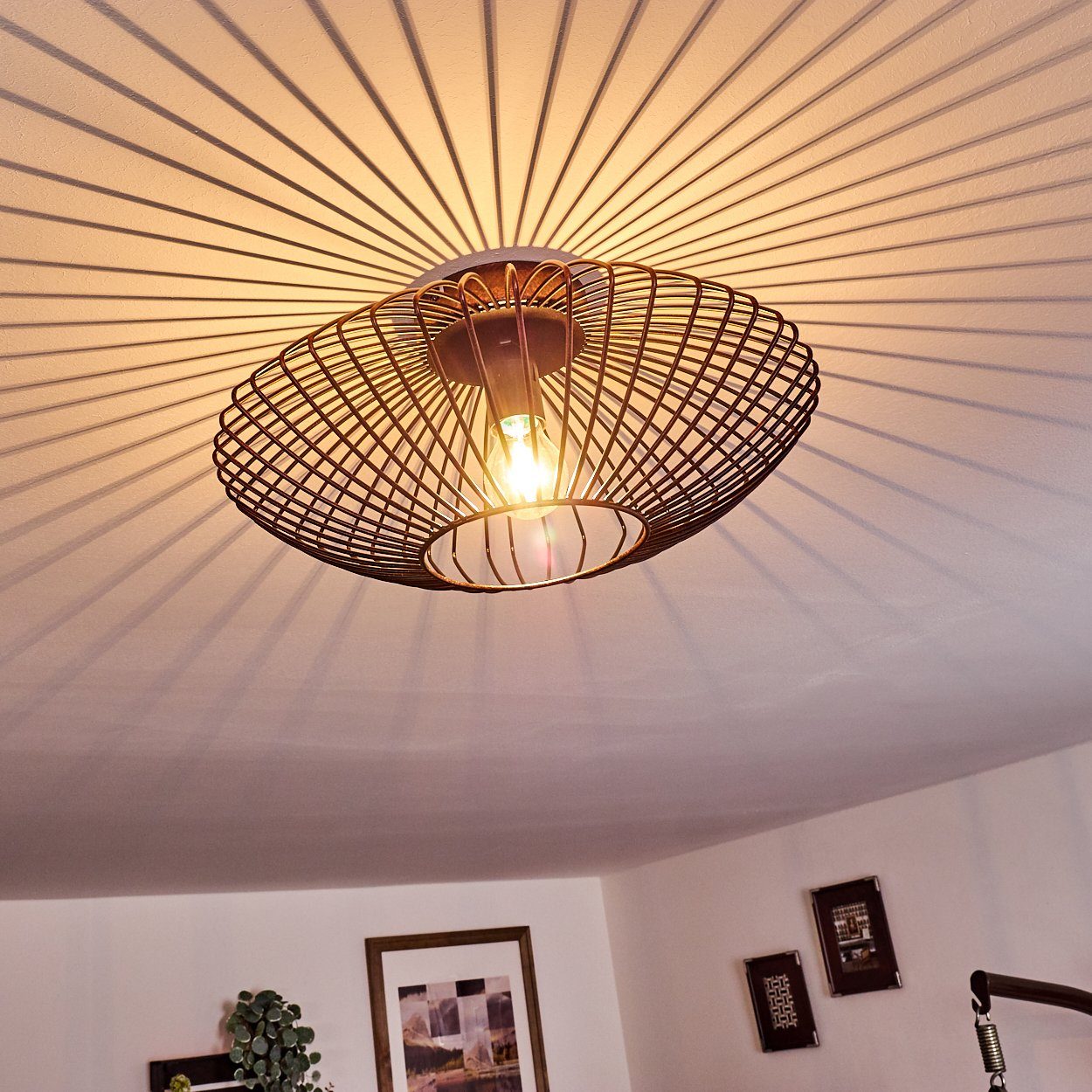 hofstein Deckenleuchte Pieris runde Deckenlampe aus Metall in Schwarz/Kupfer, ohne Leuchtmittel, E27, Retro-Leuchte mit Lichteffekt durch Gitter-Optik