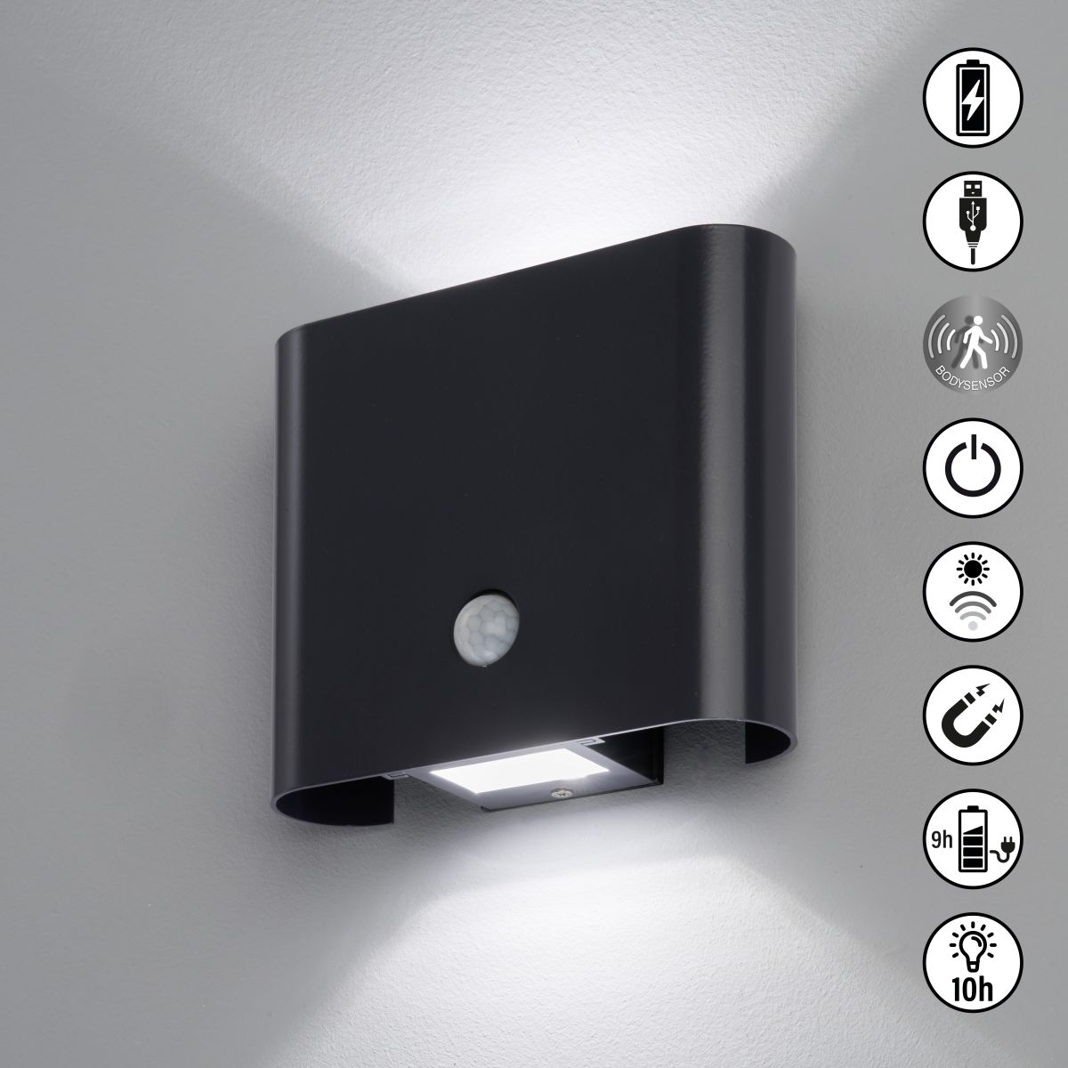 Fischer & Honsel Akku Wandlampe Magnetics Schwarz 18 x 15 cm