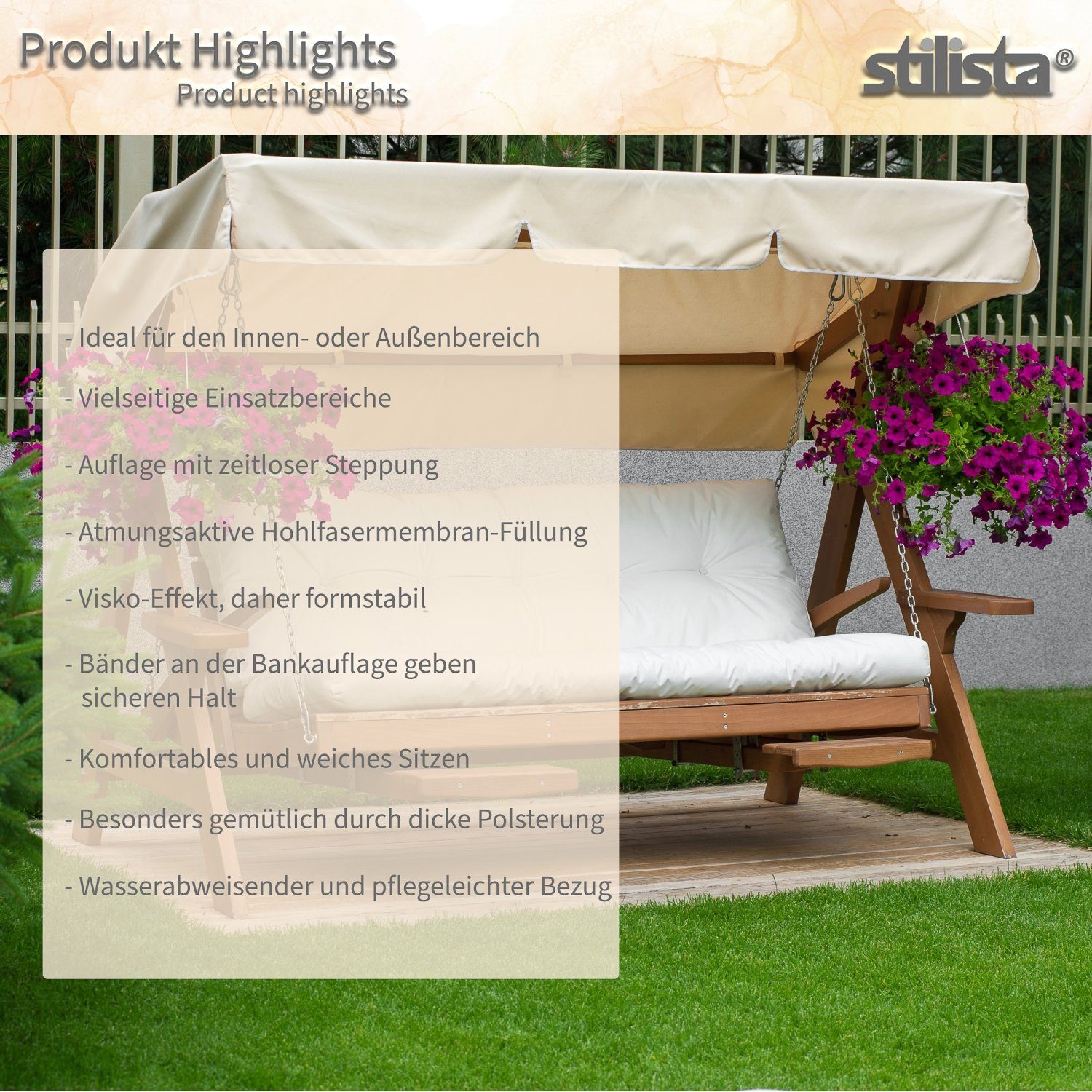 STILISTA Bankauflage Sitzauflage Bankkissen Polsterauflage Sitzkissen, 100 x 98 x 8 cm, Indoor und Outdoor, Farbauswahl