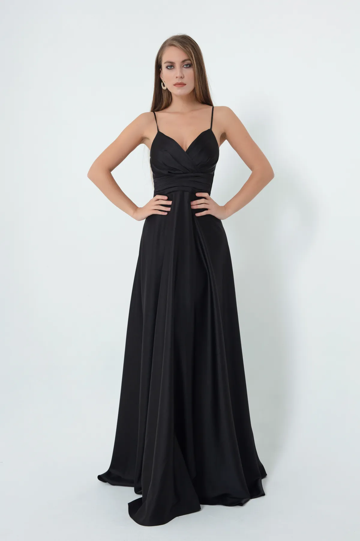 Lafaba  Langes Abendkleid aus Satin mit schwarzen Kordelträgern und Taillengürtel für Damen und Abschlussballkleid