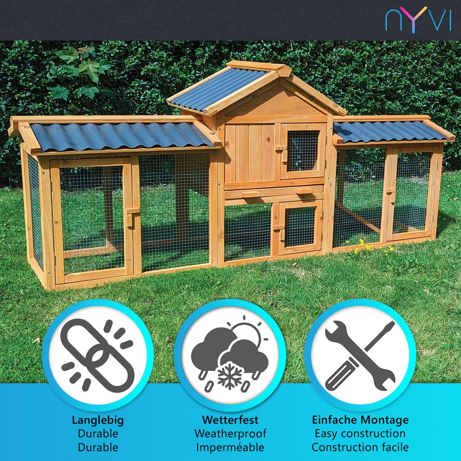 NYVI Hühnerstall Hühnerhaus XXL Liese 180x62x119 cm – Hühnerstall mit recyceltem Dach, Imprägniertes Holz, winterfest, mit Auslauf, mit PVC Dach