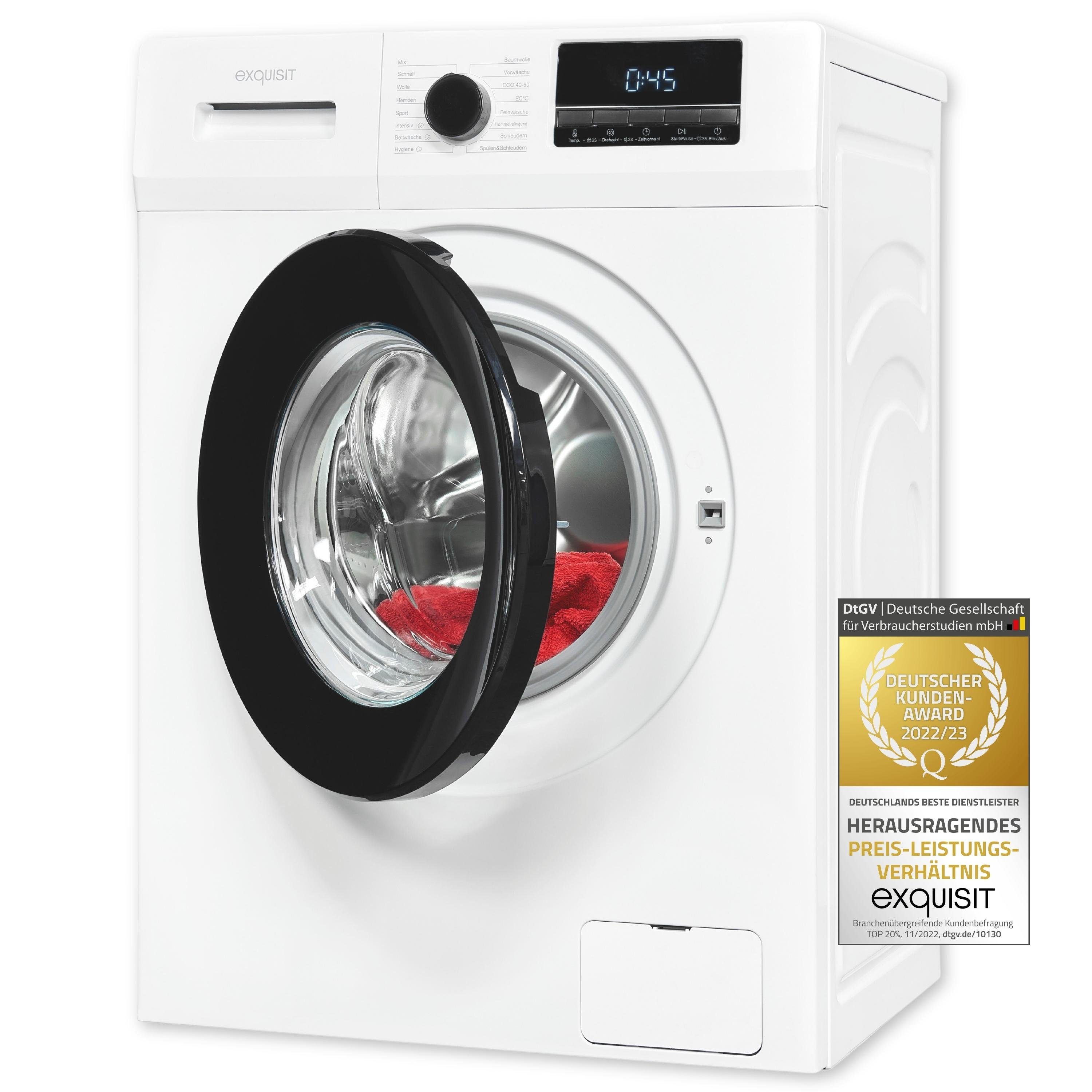 exquisit Waschmaschine WA58014-340A, 8 kg, 1400 U/min, Trommelreinigung, Kindersicherung, Aquastop