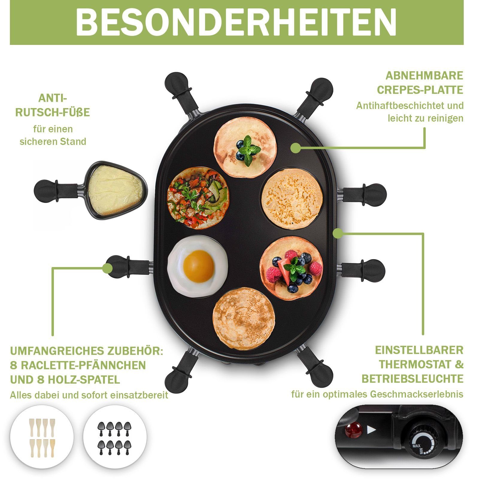 bmf-versand Raclette Raclette 8 Personen Mini Crepes Maker Crepesmaker Tischgrill, 8 Raclettepfännchen, 1200,00 W, Abnehmbare Crepes-Platte, Inklusive 8 Pfännchen und 8 Holzschabern