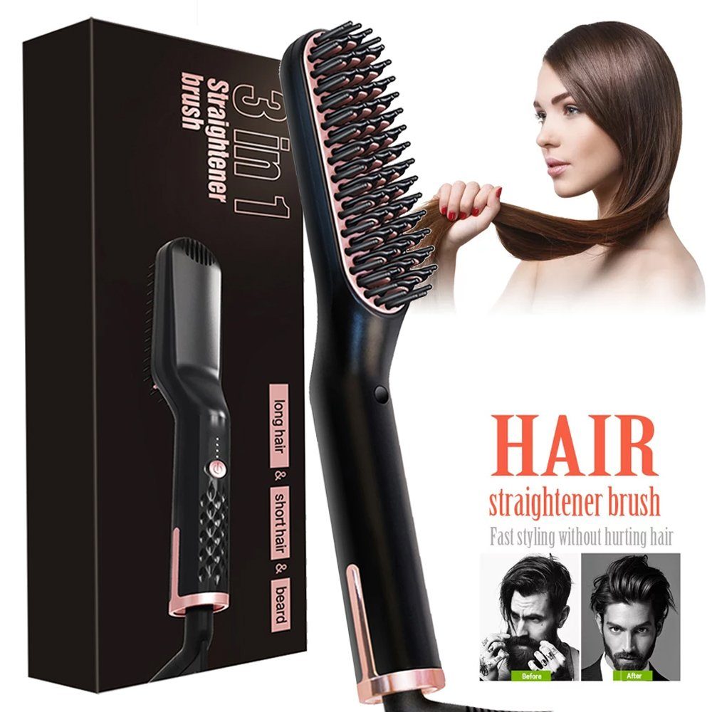 ERHWIO Bartbürste Haarglättungsbürste 3in1, Ionen-Heizung, einstellbare Temperatur, Bartbürste, Verbrühungsschutz, 30 Min. Abschaltung Männer/Frauen