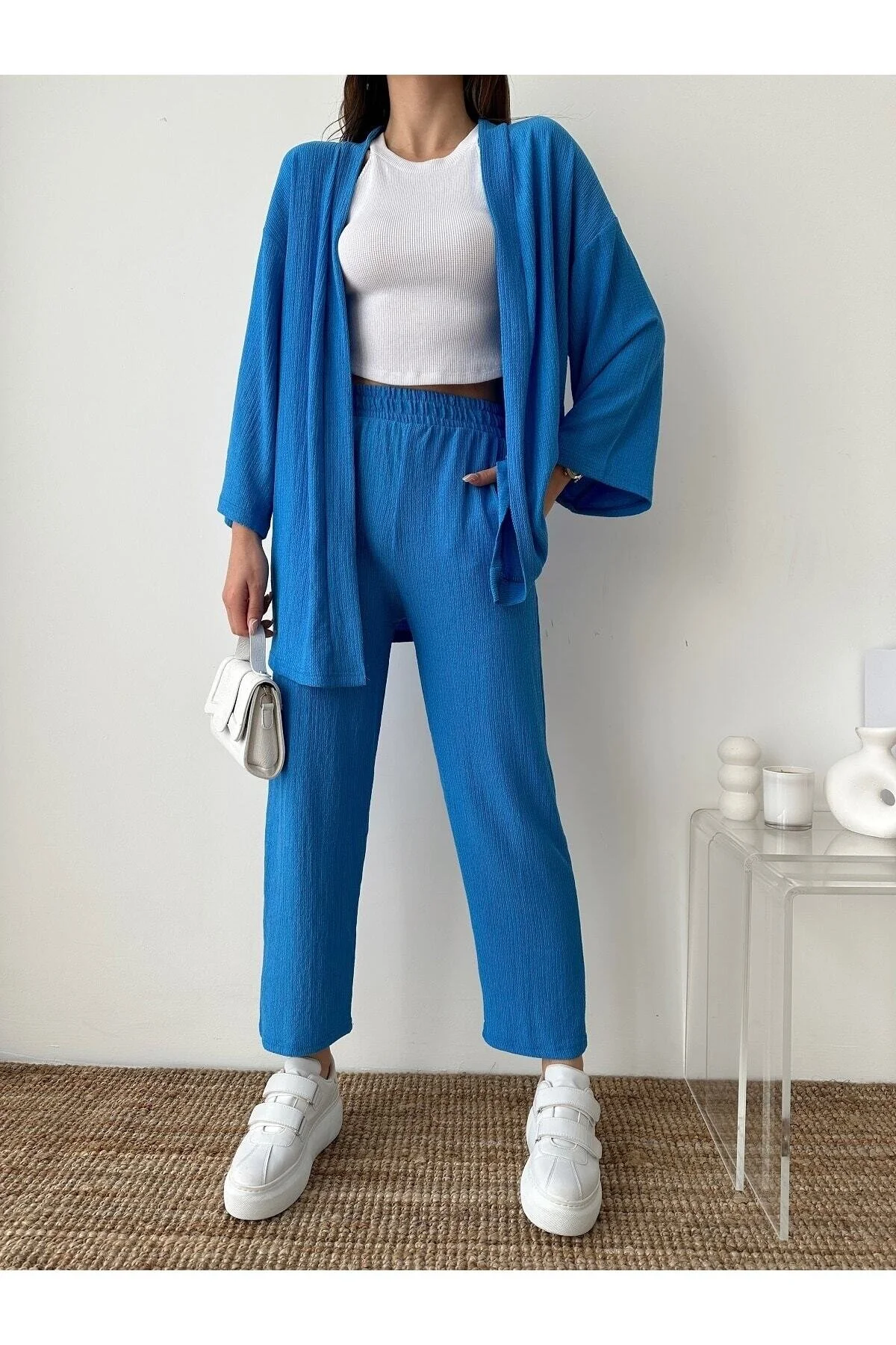 BEJNA  Blaues Kimono-Hosen-Strickset für Damen