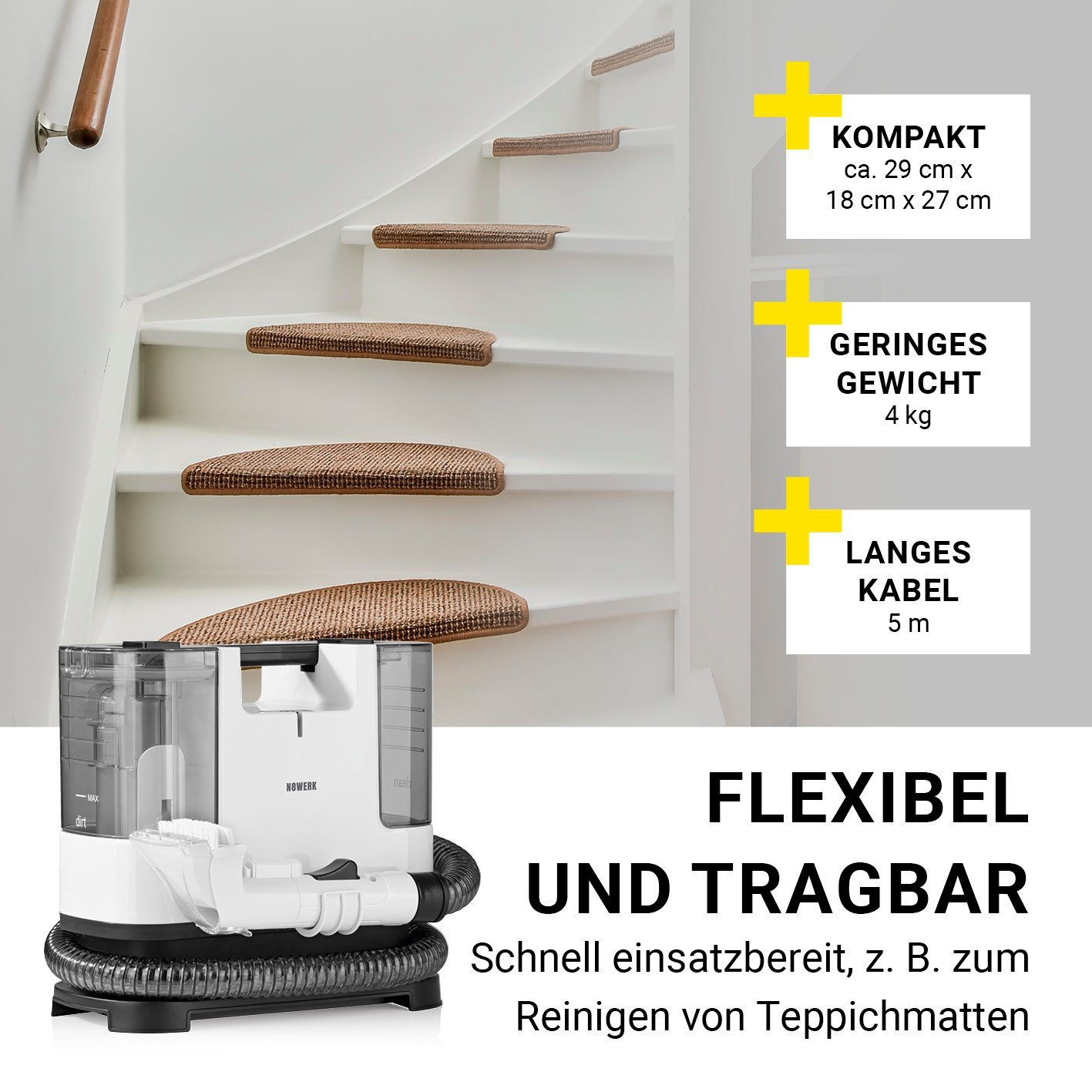 N8WERK Nass-Trocken-Sauger Waschsauger Teppichreiniger Portable Clean, 400 W, Saugwischer Nasssauger Staubsauger