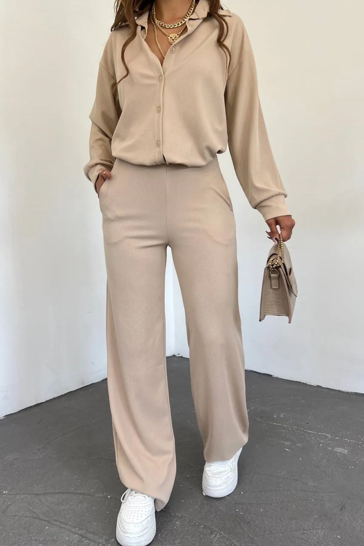lovebox  Damen-Seersucker-Hemd und Hose im Oversize-Design, Beige, Doppelanzug 10786