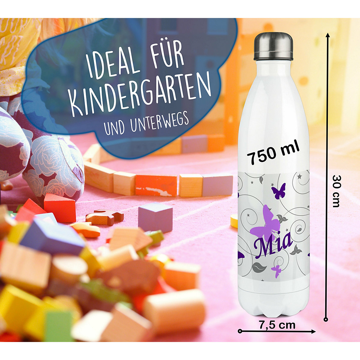 Edelstahl Kinder Thermoflasche / Trinkflasche bunt Schmetterling Ornamente Farbe flieder lila Spülmaschinenfest, Auslaufsicher, Bruchfest, Doppelwandig, Für Heißgetränke geeignet, Mit Deckel, Isol