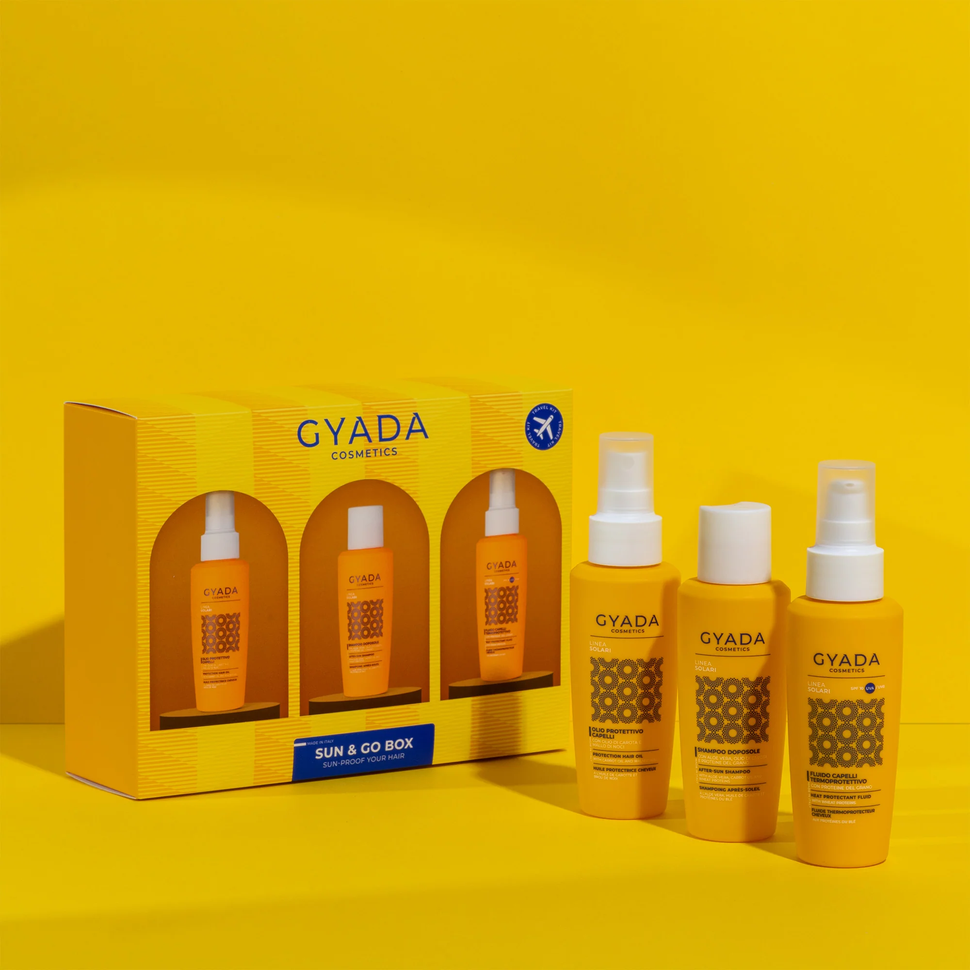Sun & Go Box - kompleti za lase, nega las z zaščito pred soncem, olje za lase, krema za oblikovanje in končno obdelavo las, šampon z zaščito pred soncem
