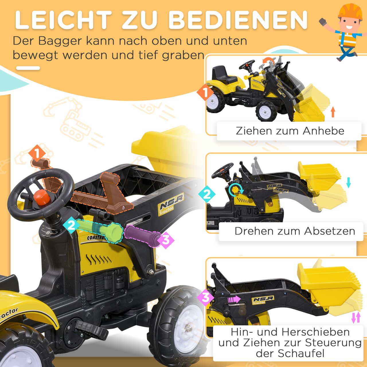 HOMCOM Kinder-Radlader Kinderbagger mit Schaufel für 3-jährige Kinder Gelb