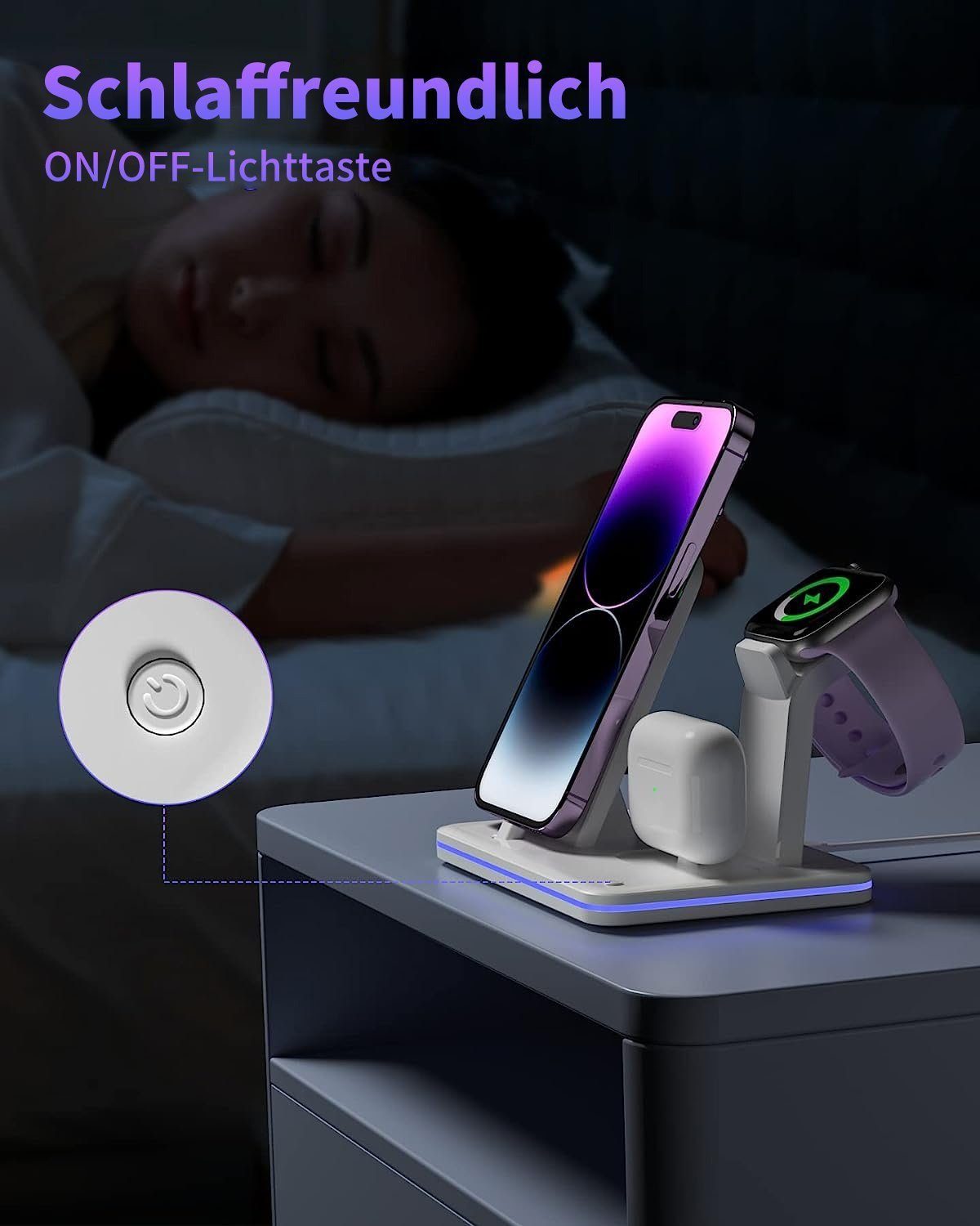 Yaviel Handy-Dockingstation Induktive Ladestation Apple 3 in1 für iPhone iWatch Airpods, (18W Kabellose Ladegerät, Kabellose Charger Lightning Kabel), Wireless Charger für Handy Charging Station