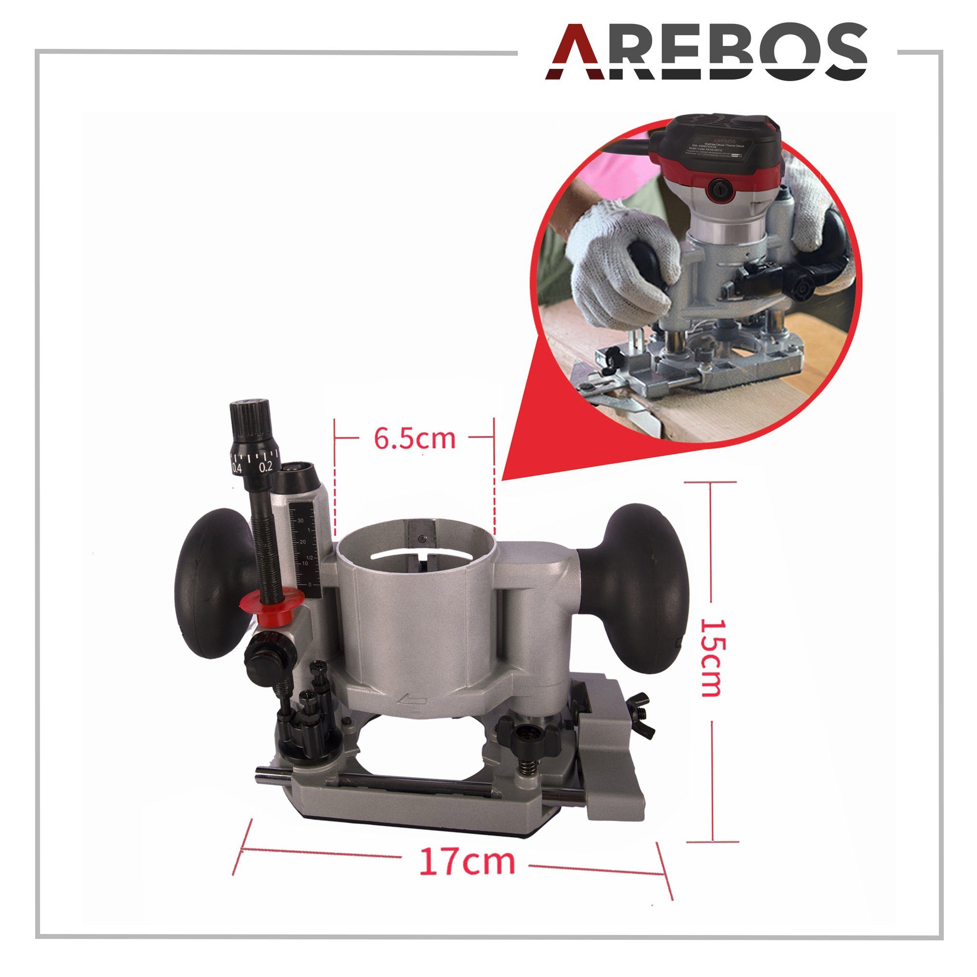 Arebos Oberfräse Holz Fräse Fräsmaschine, Tauchbasis & Trimmer, mit Werkzeugtasche, (Oberfräse Deluxe mit Trimmer und Tauchbasis), Leistungsaufnahme : 710 W