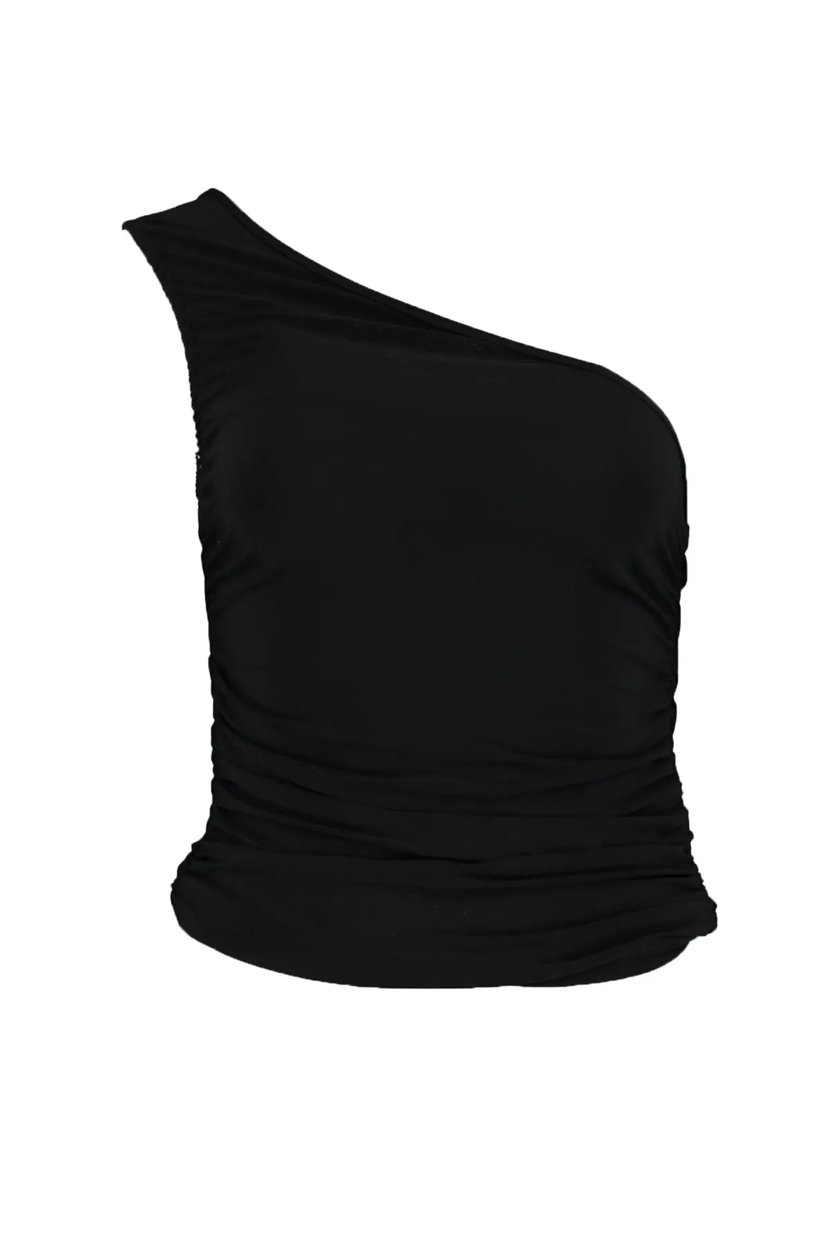Trendyol Collection  Schwarze, eng anliegende, dehnbare One-Shoulder-Strickbluse mit Raffungen und Details TWOSS21BZ0590