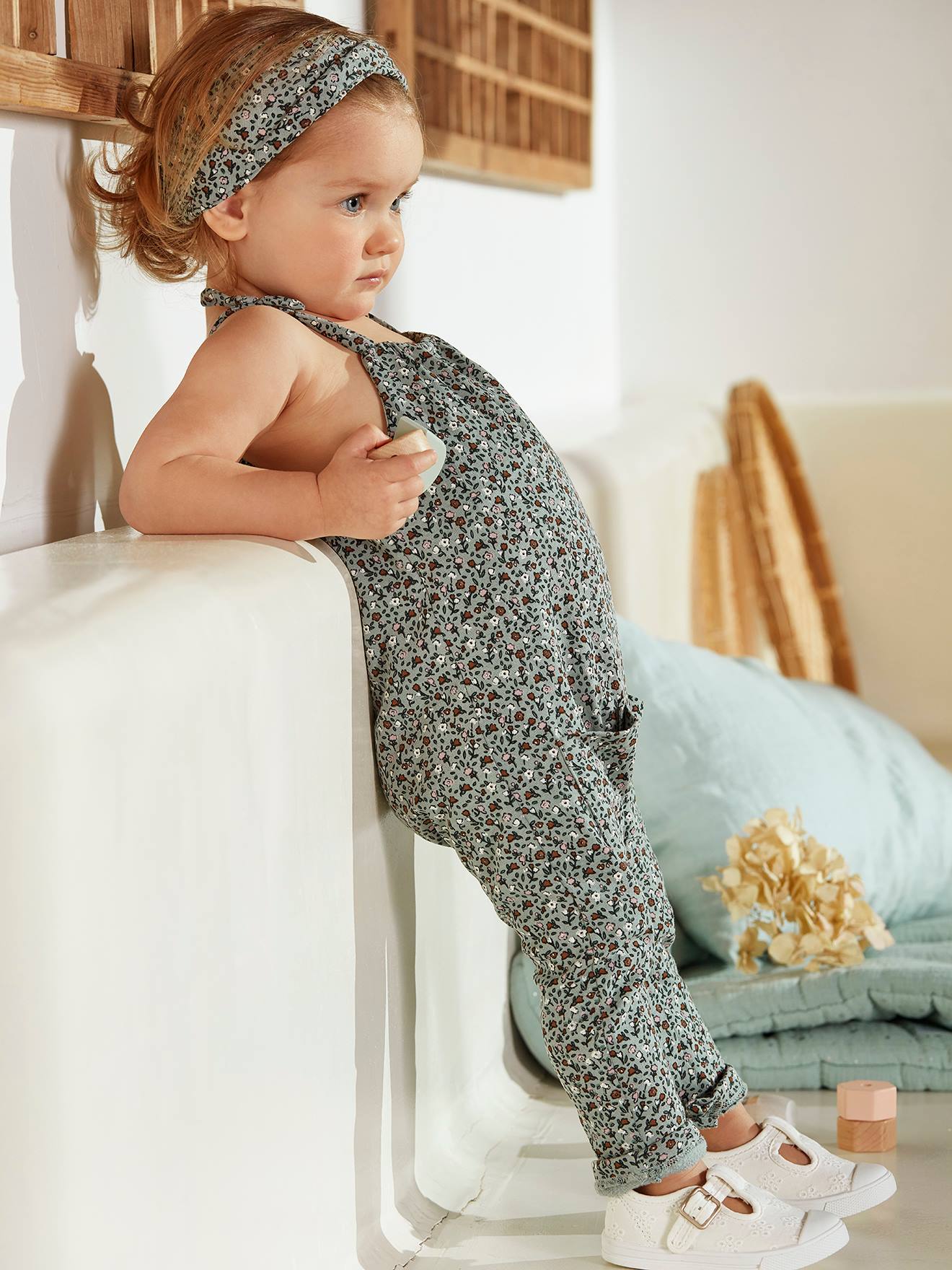 Ensemble combinaison et bandeau bébé fille en molleton bleu nuit