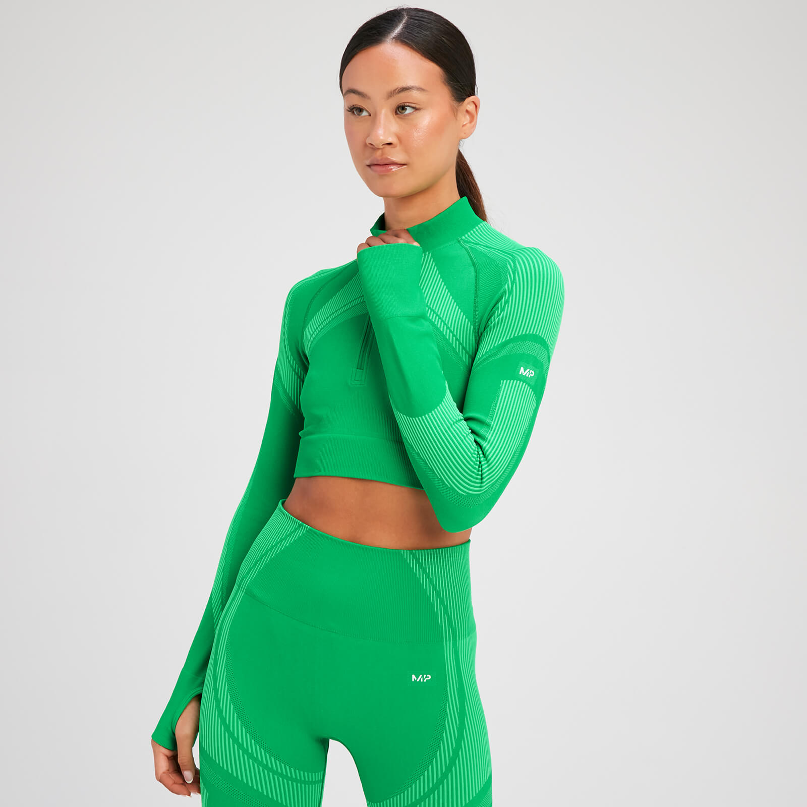 Crop top sans coutures à manches longues et à fermeture éclair ¼ MP Tempo Ultra pour femmes – Vert vif