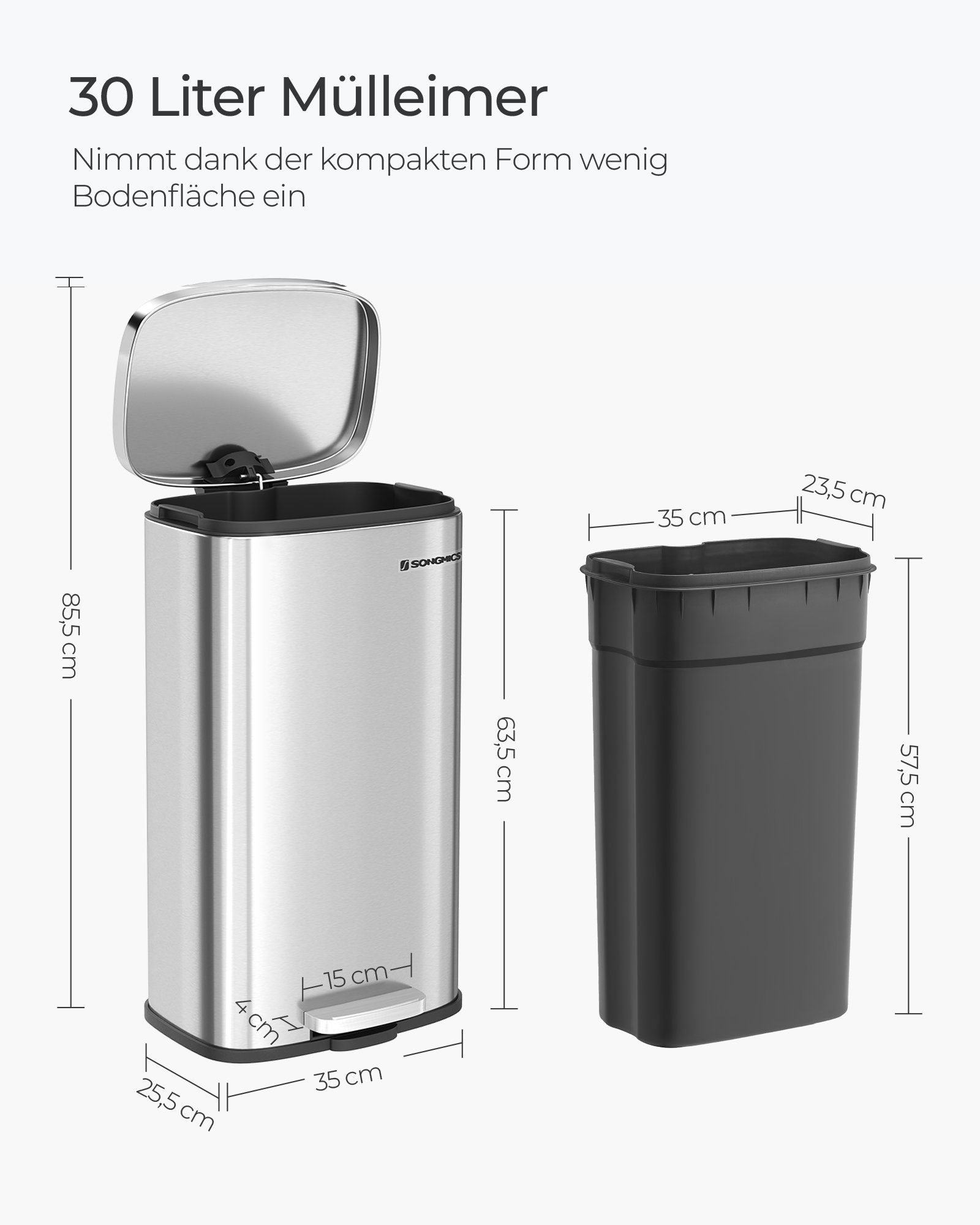 SONGMICS Mülleimer Müllbehälter, Abfalleimer, 30 L,Softclose