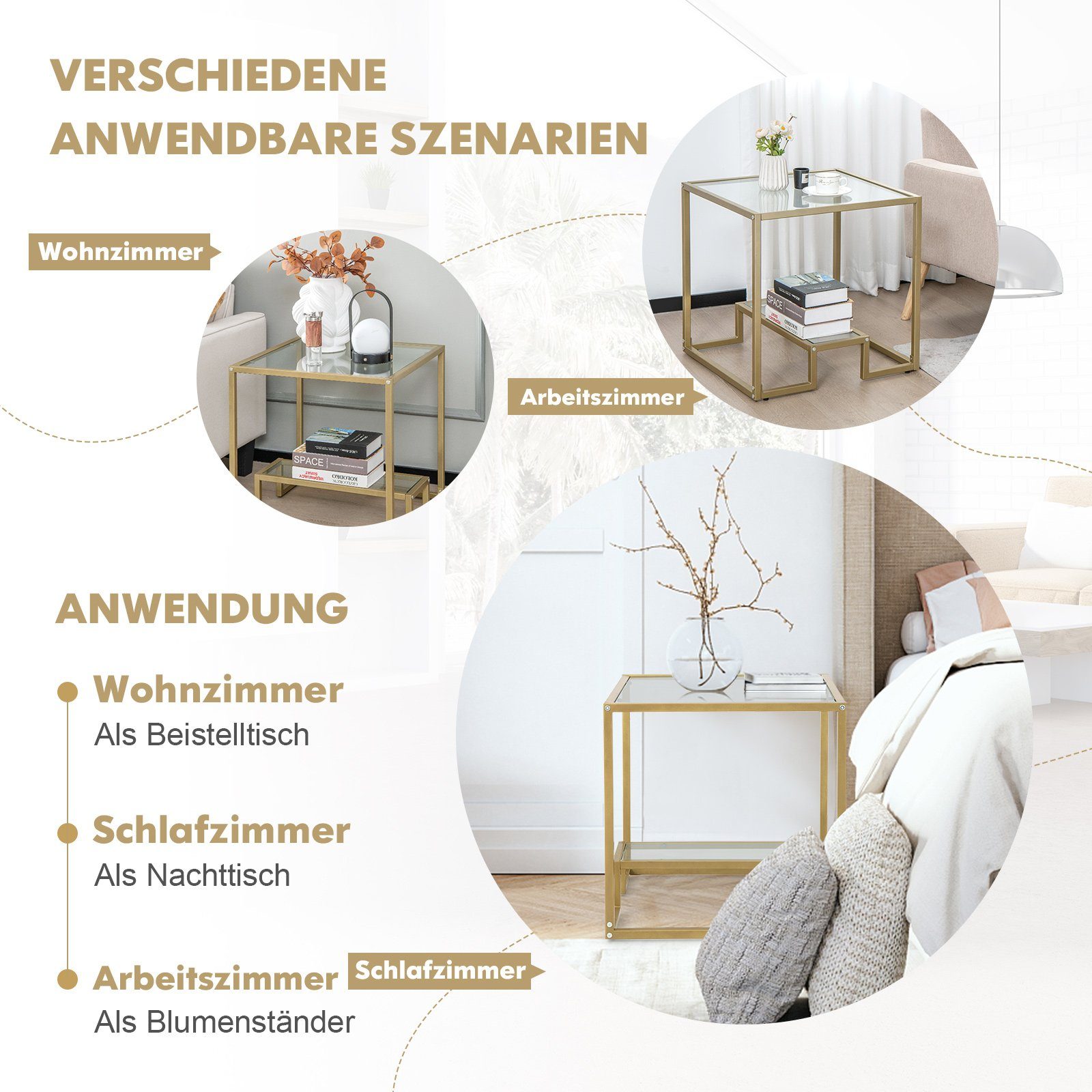 COSTWAY Beistelltisch, Tischplatte aus Glas, Metallrahmen, gold, 56x56x56,5cm